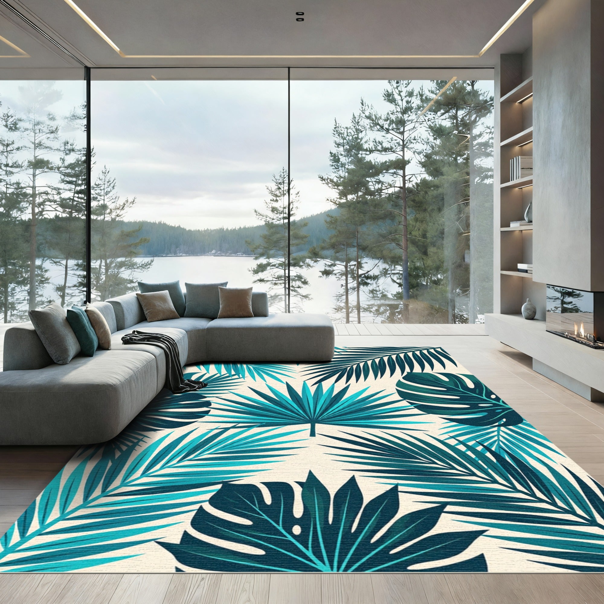 Lush Turquoise Tropical Foliage Rug