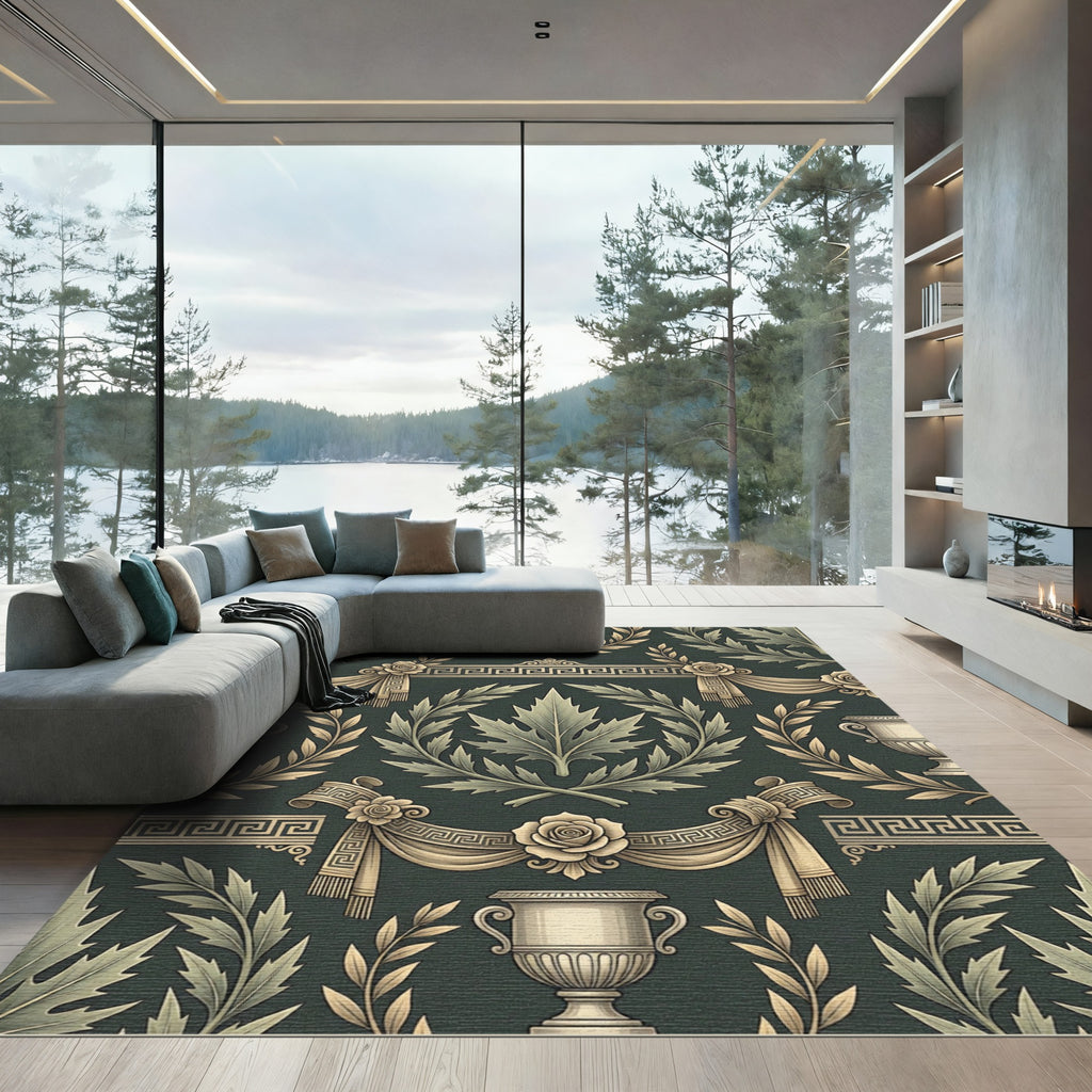 Neoclassical Sage Green Leaf Urn Damask Rug