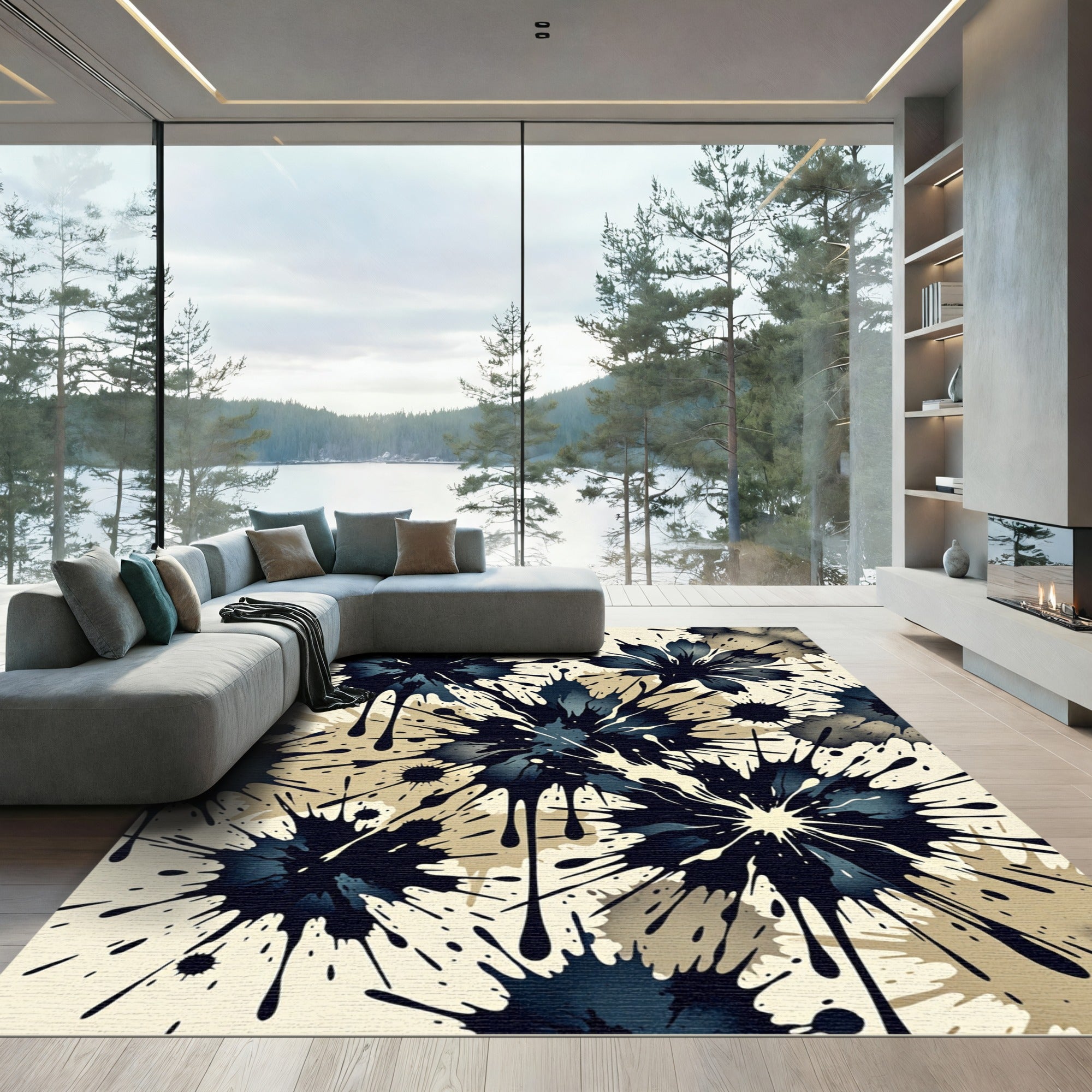 Dark Blue Ink Splatter Floral Rug