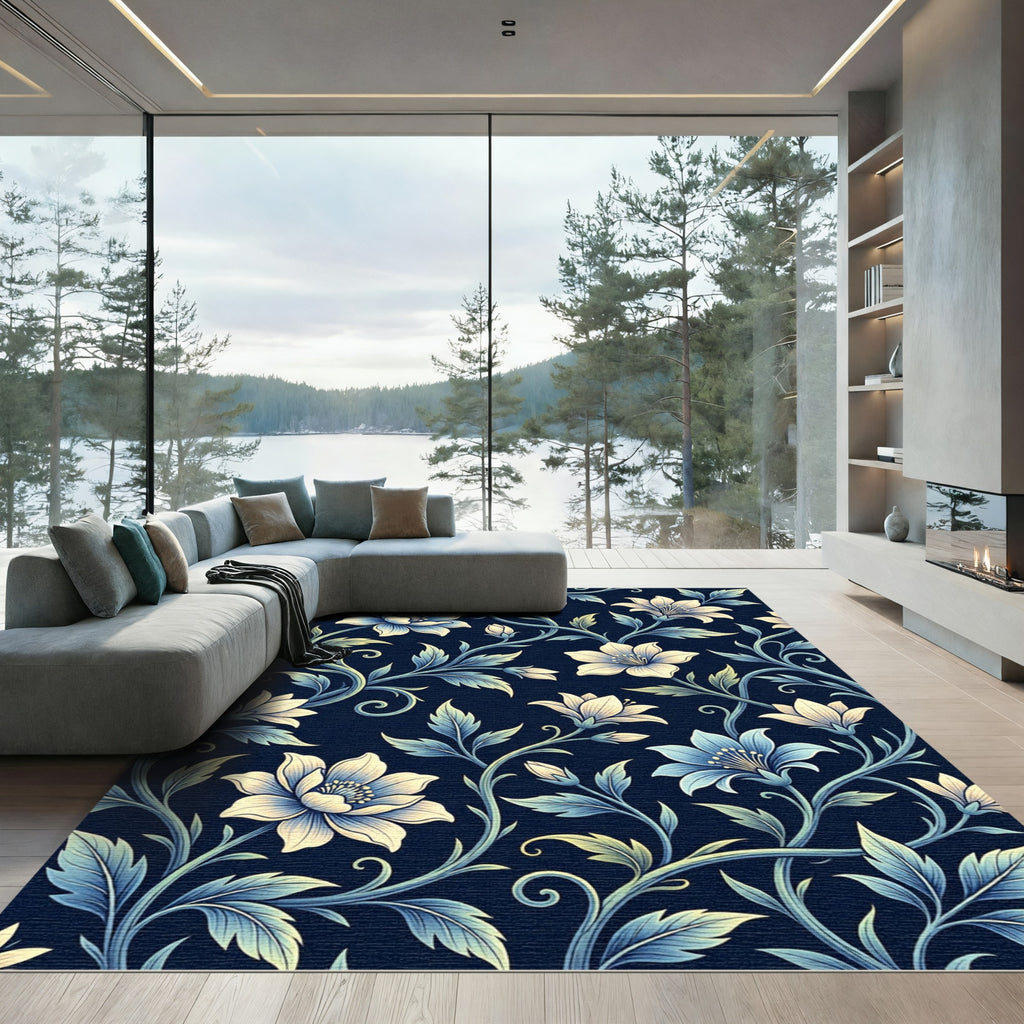 Elegant Navy Blue Serpentine Floral Vine Rug