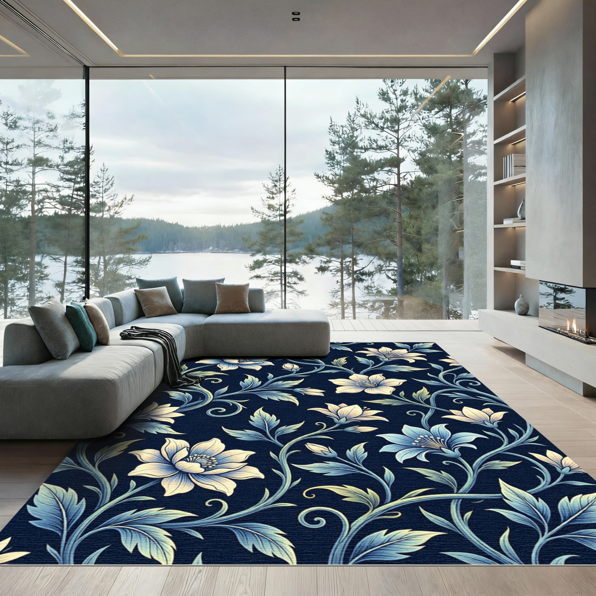 Elegant Navy Blue Serpentine Floral Vine Rug
