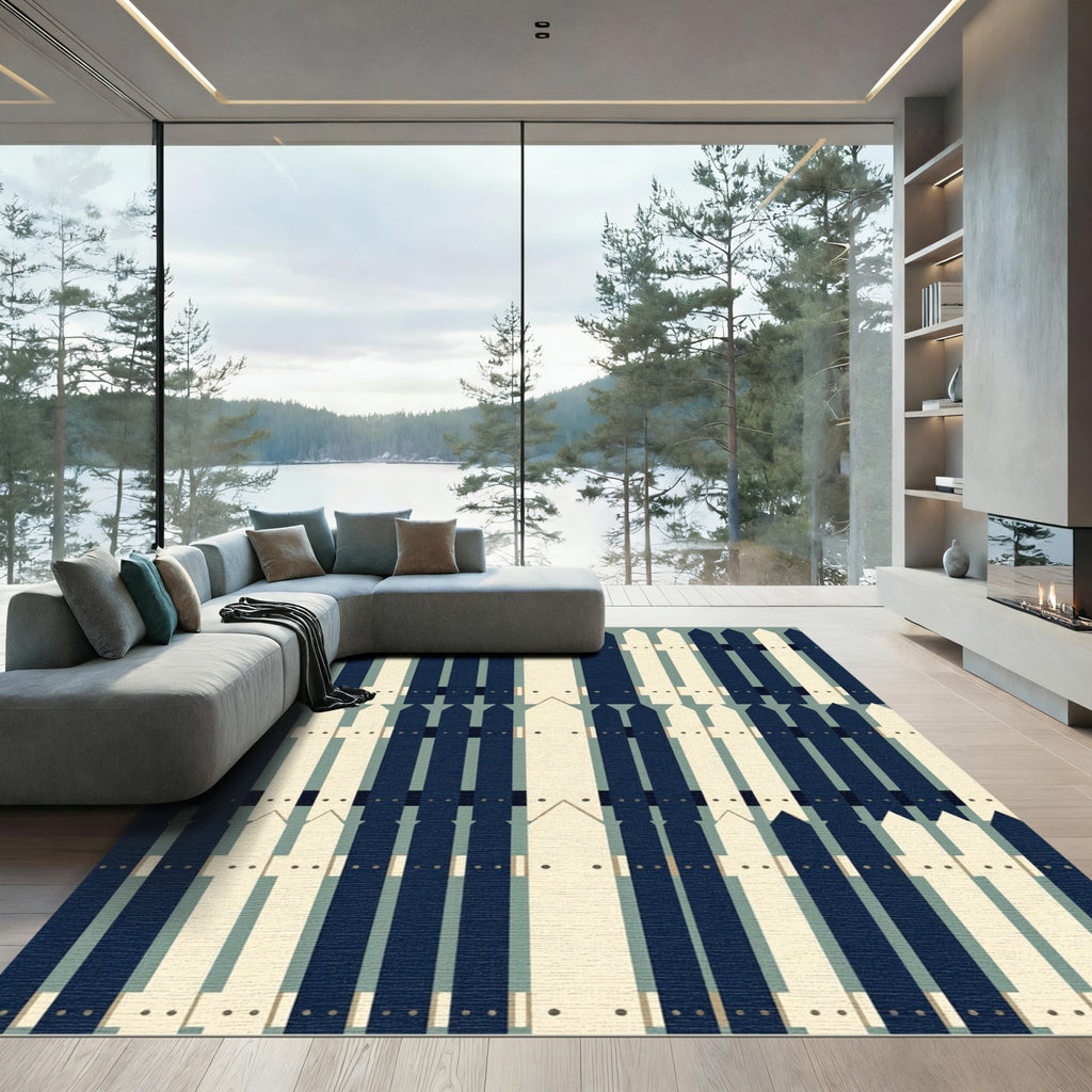 Modern Navy and Cream Picket Fence Rug