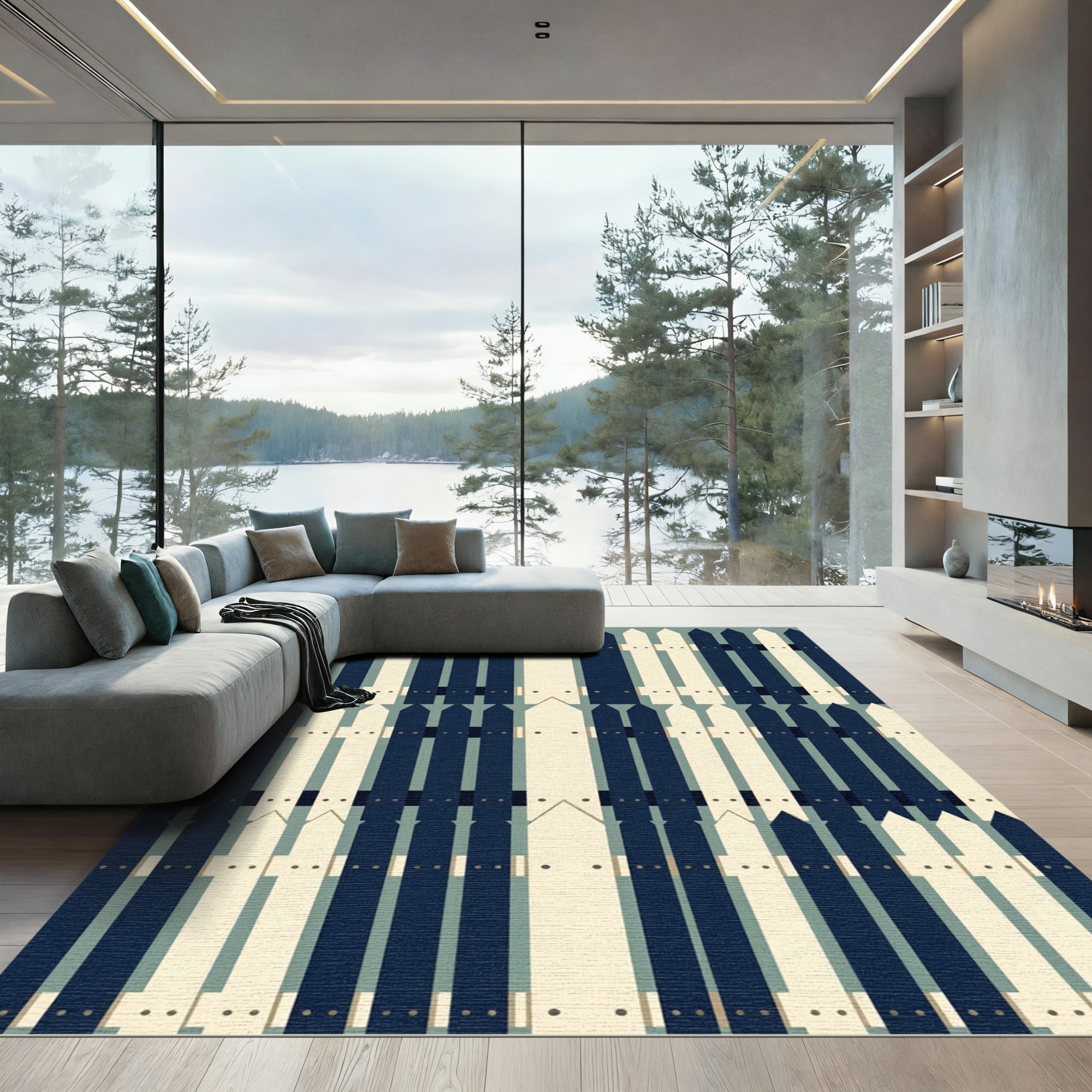 Modern Navy and Cream Picket Fence Rug