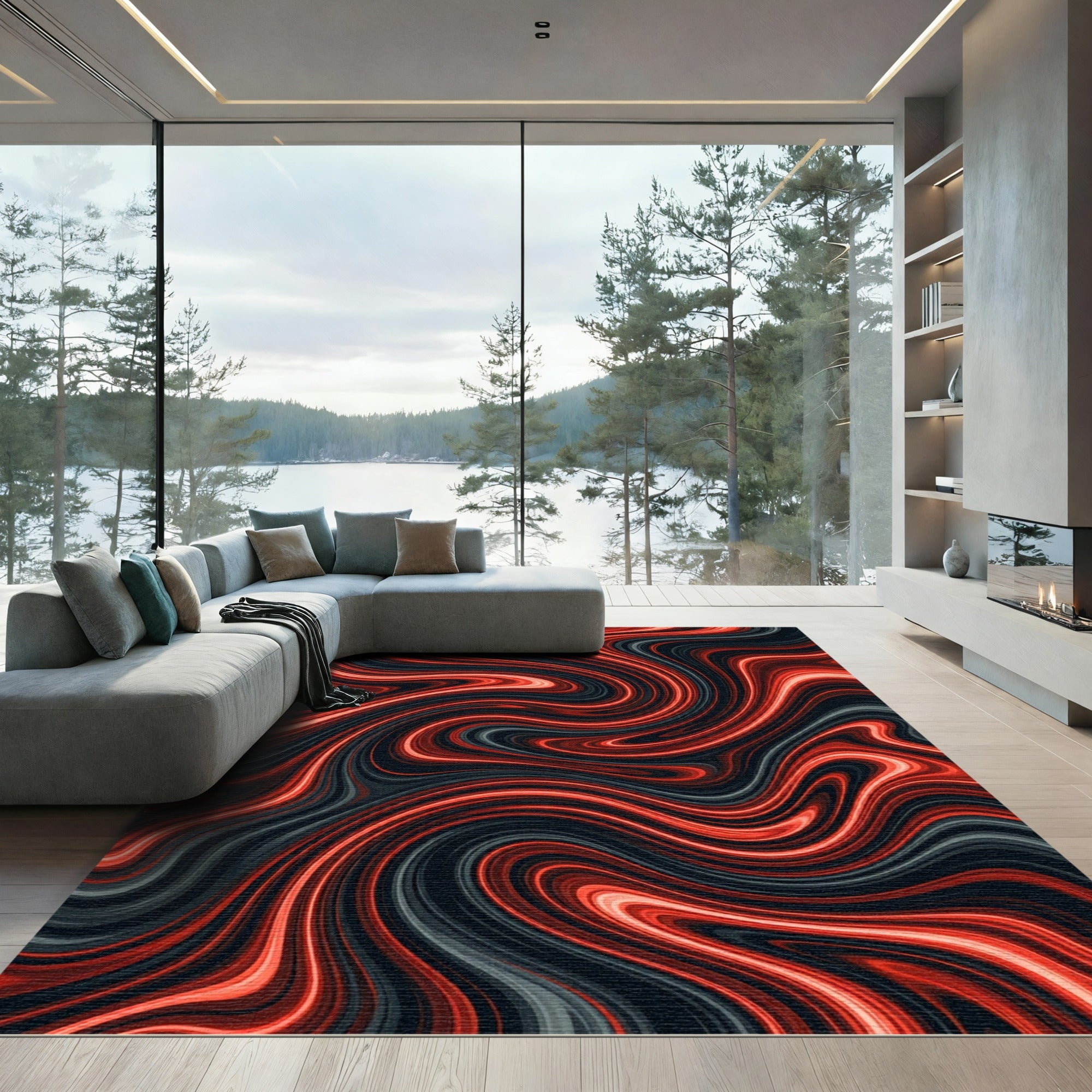 Crimson Black Swirl Fluid Area Rug