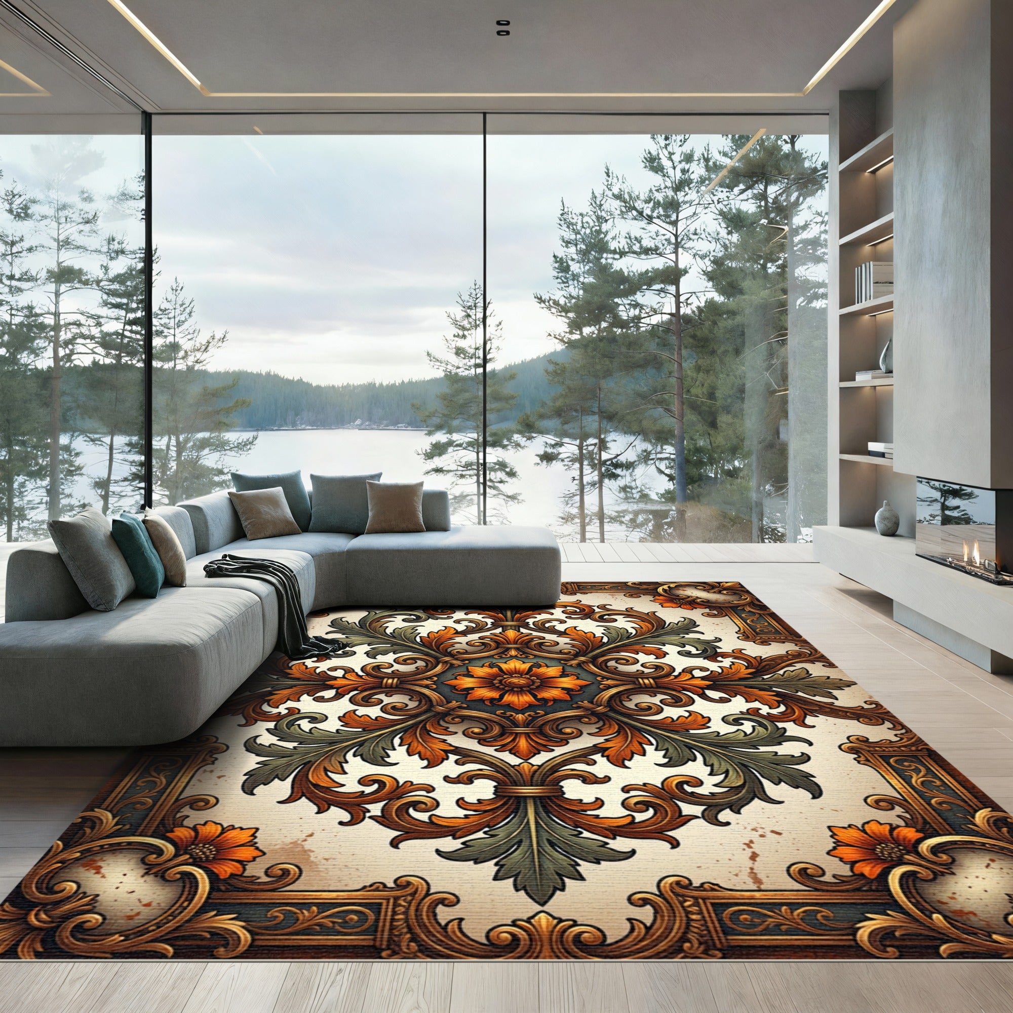 Ornate Golden Amber Acanthus Scroll Tapestry Rug