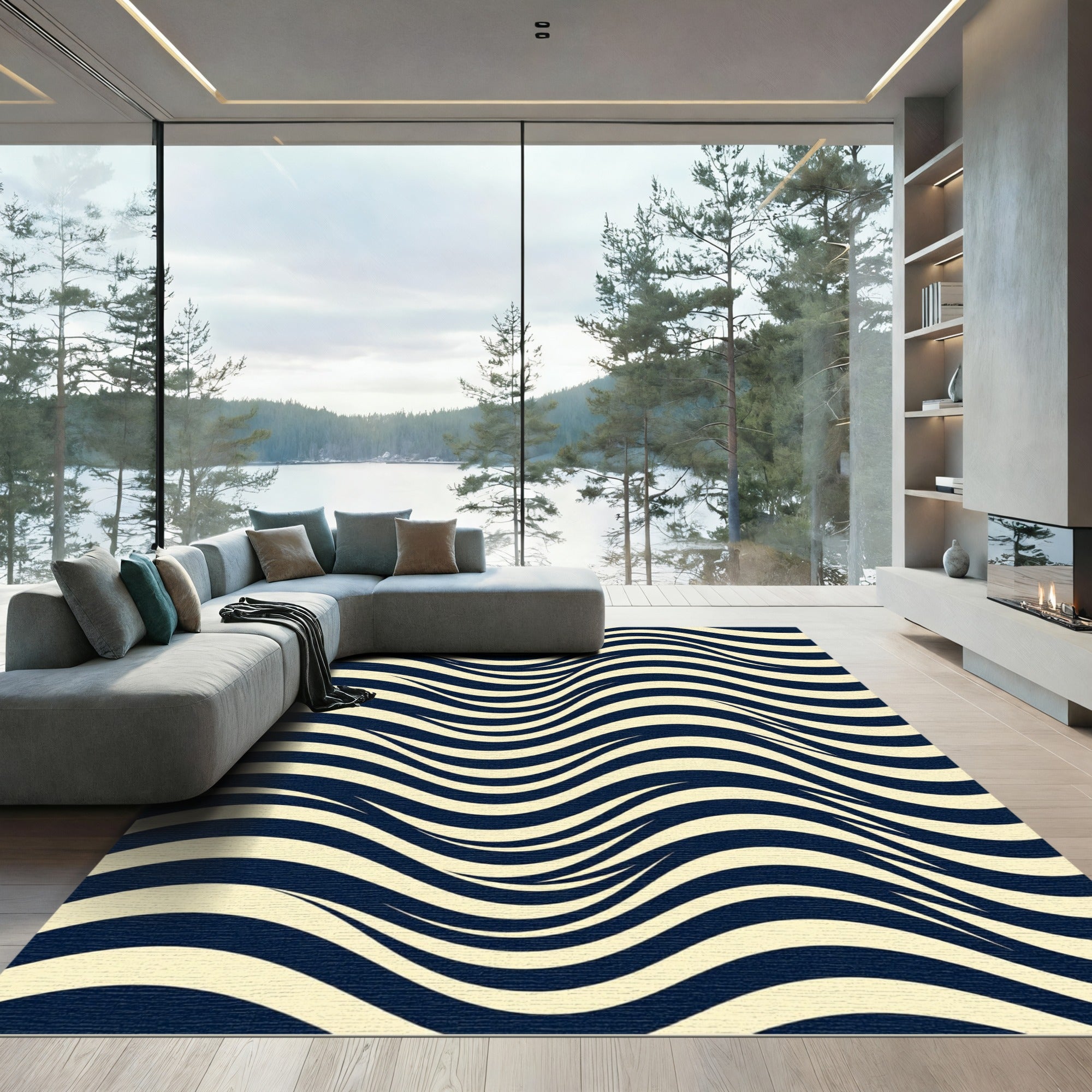 Bold Navy and Cream Wavy Abstract Rug