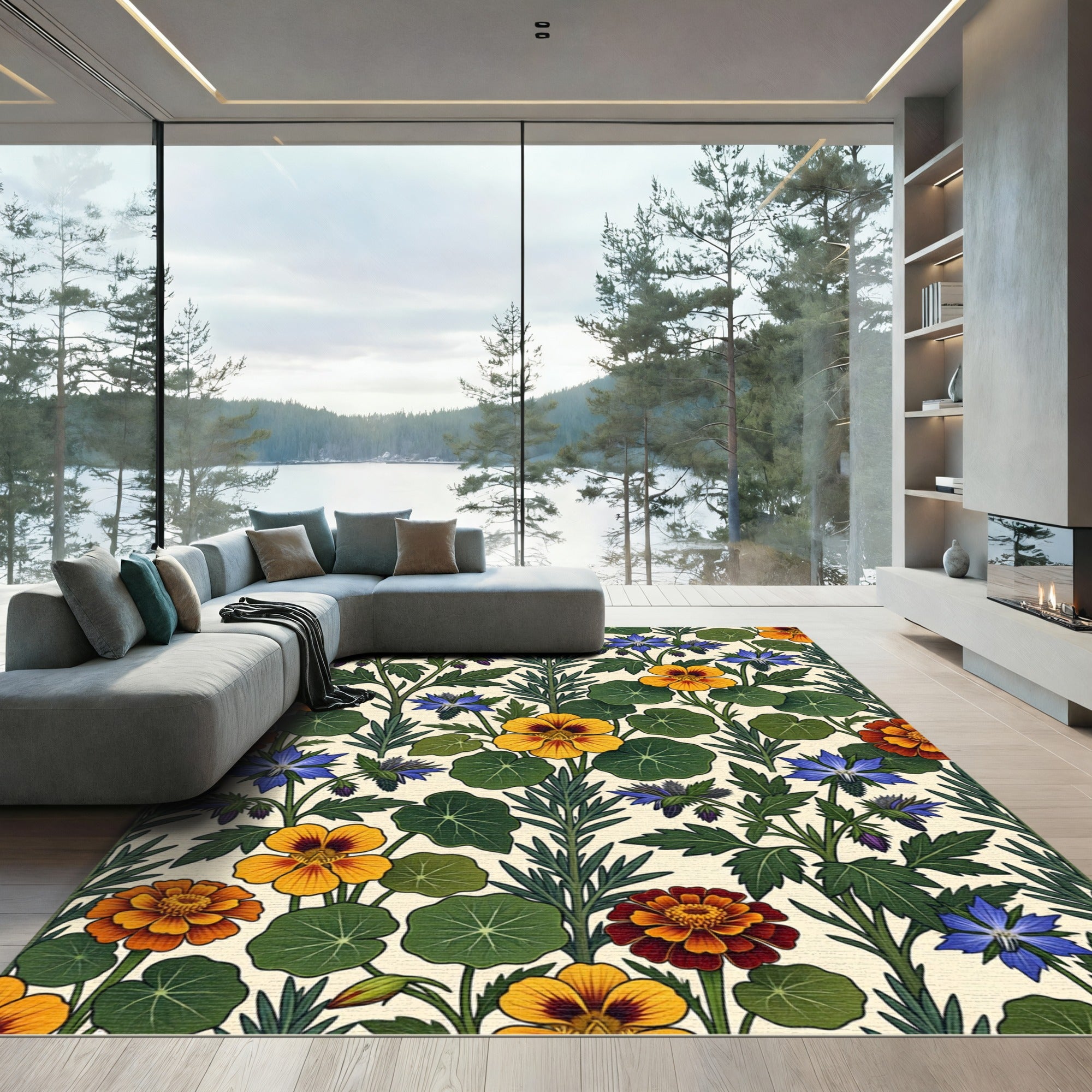 Golden Yellow Red Blue Floral Botanical Rug