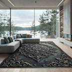 Elegant Silver Damask Circular Medallion Rug