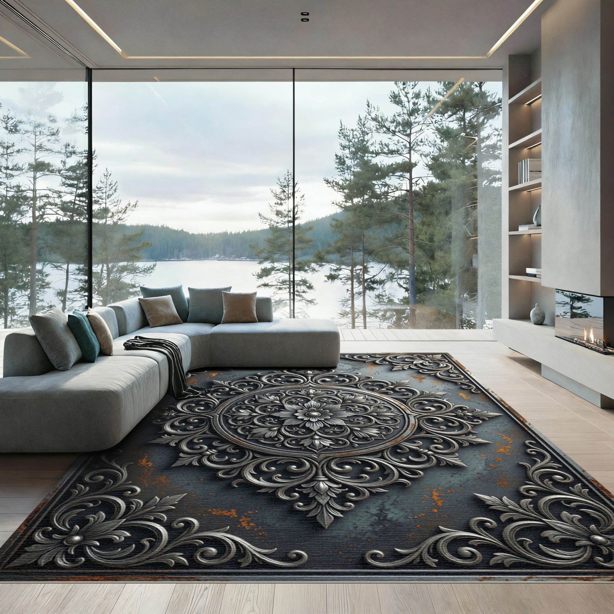 Elegant Silver Damask Circular Medallion Rug