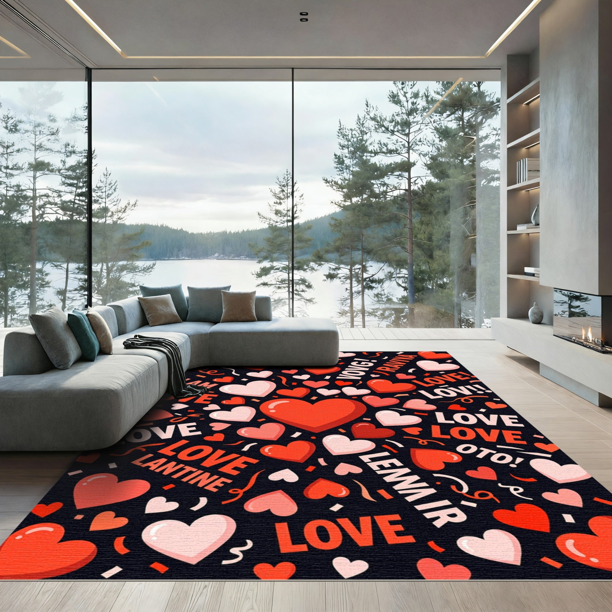 Red Hearts Valentine's Day Typography Rug