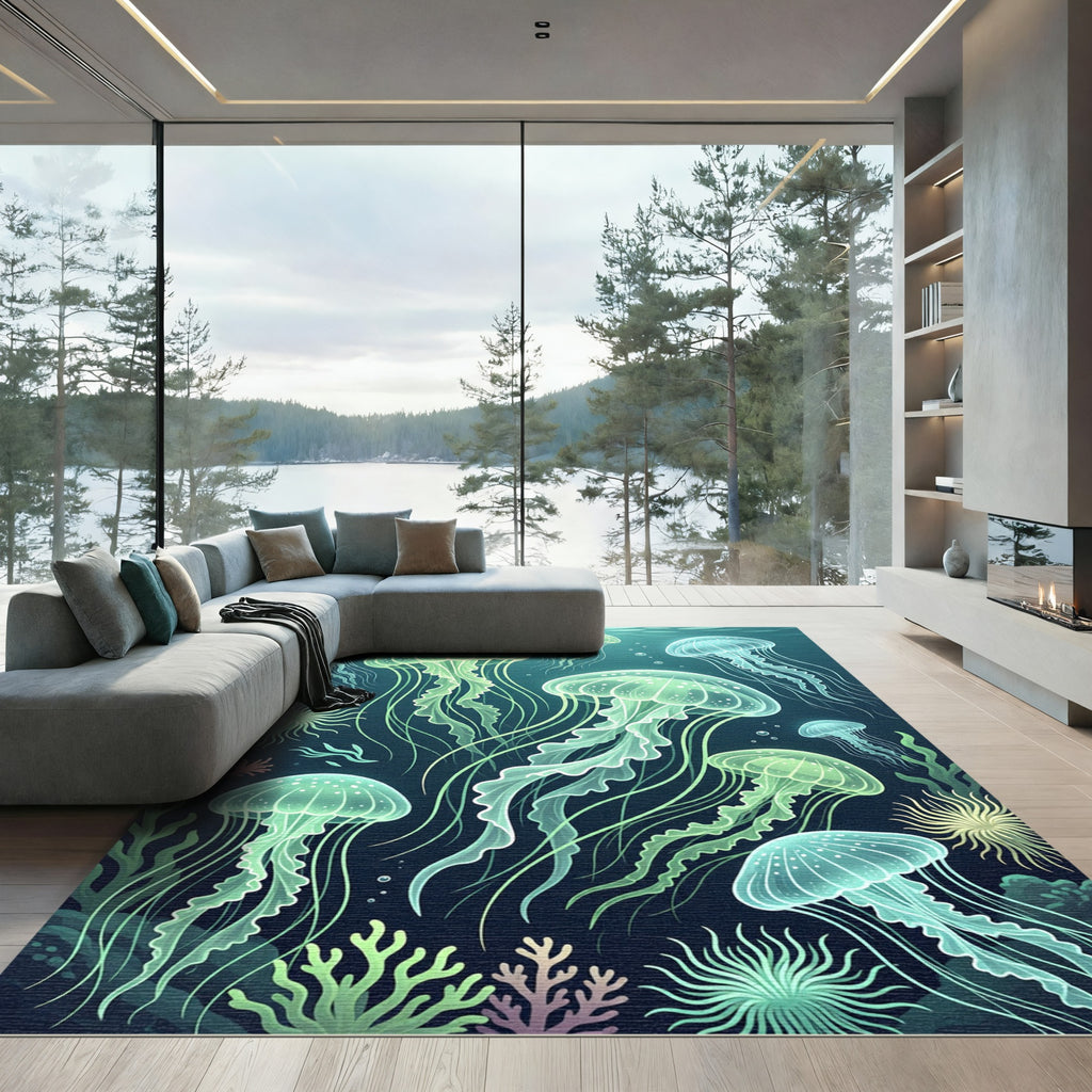 Luminous Bioluminescent Deep Sea Jellyfish Rug