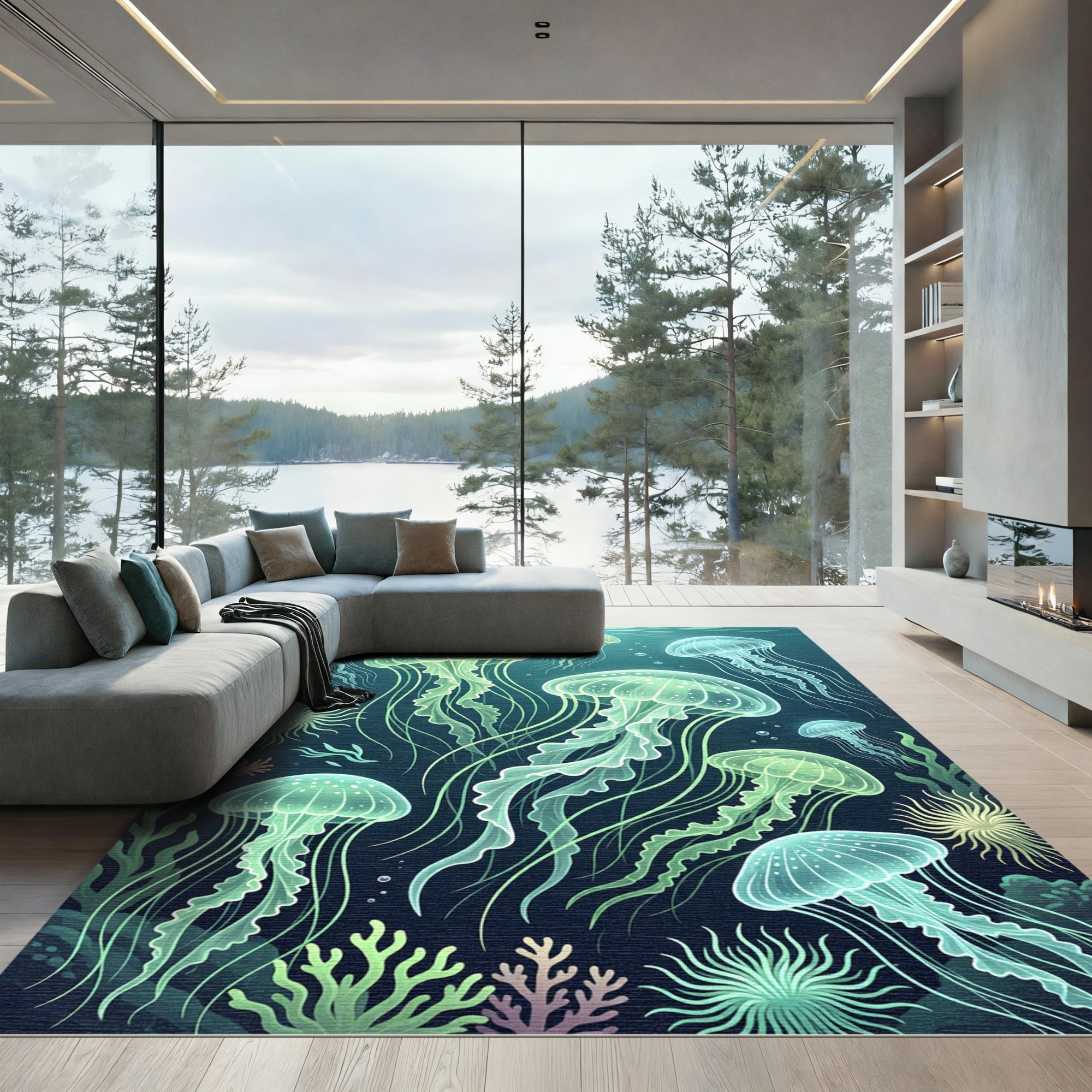 Luminous Bioluminescent Deep Sea Jellyfish Rug