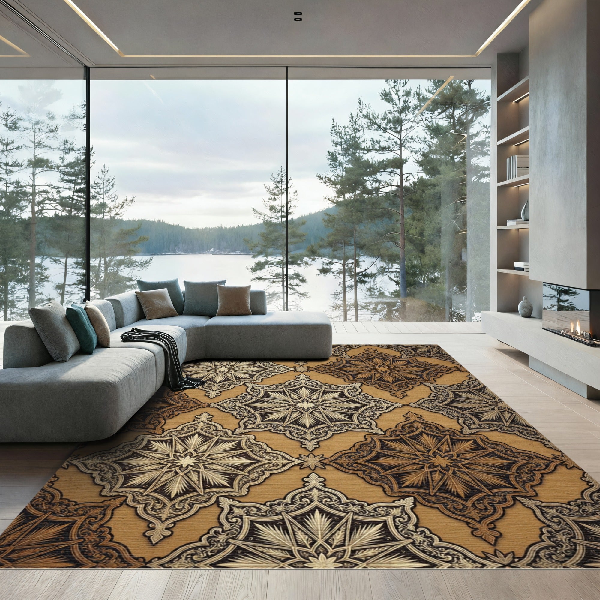 Ornate Gold Brown Starburst Medallion Rug