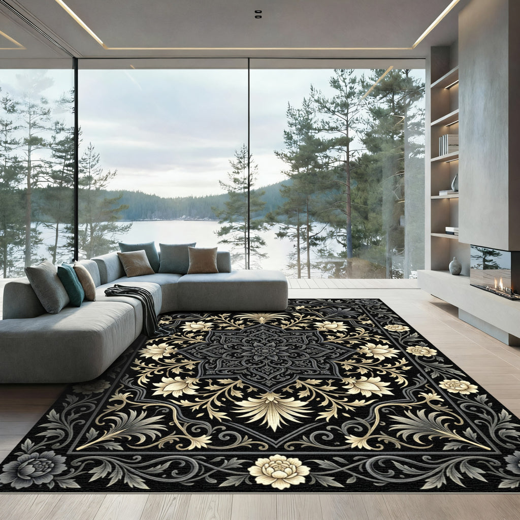 Elegant Gold Black Floral Medallion Rug