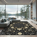 Elegant Gold Black Floral Medallion Rug