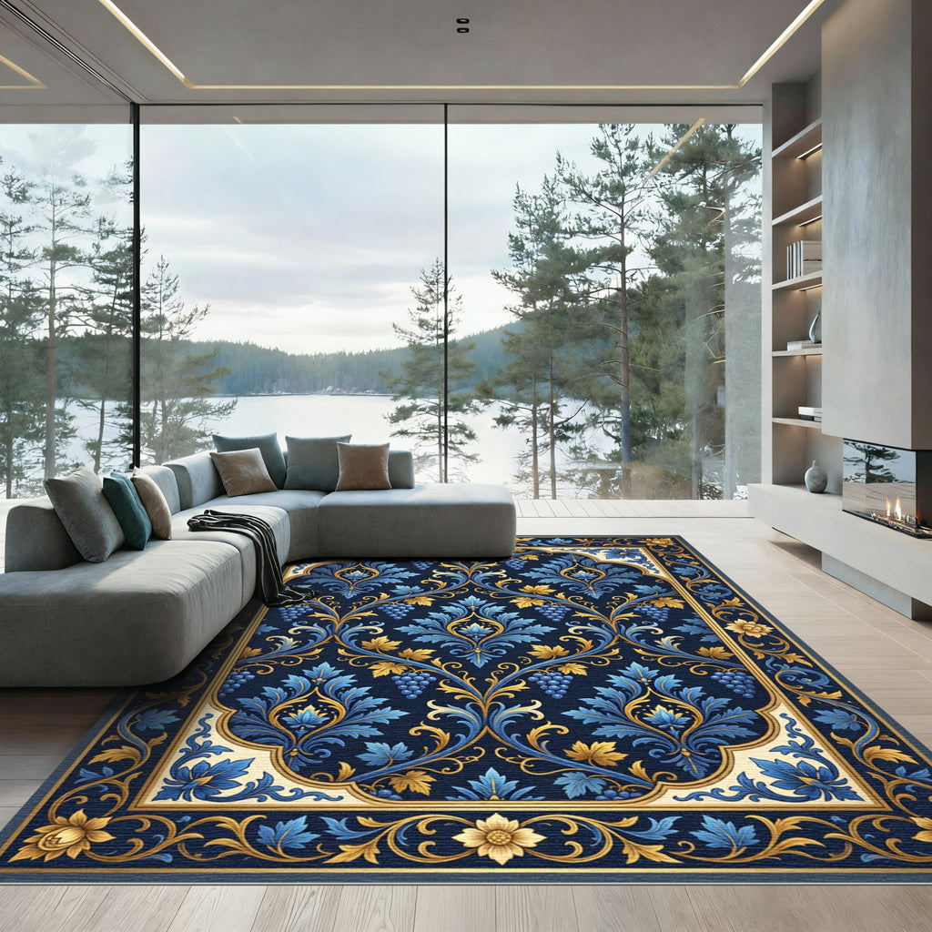 Blue and Gold Damask Grape Vine Rug