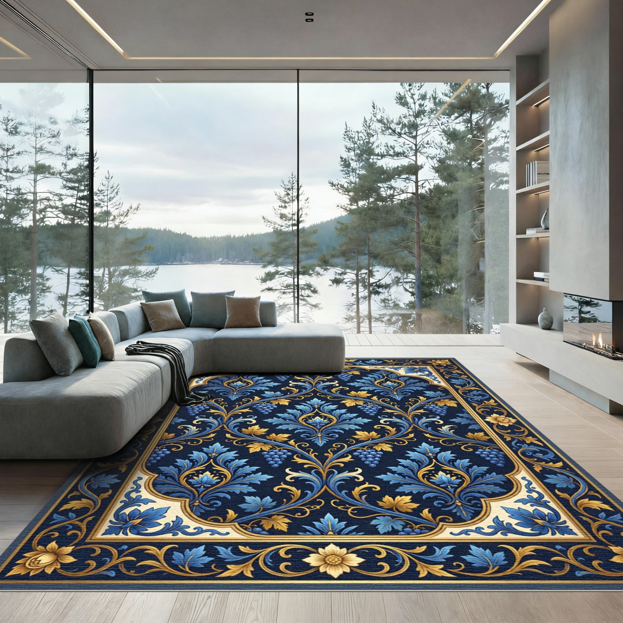 Blue and Gold Damask Grape Vine Rug