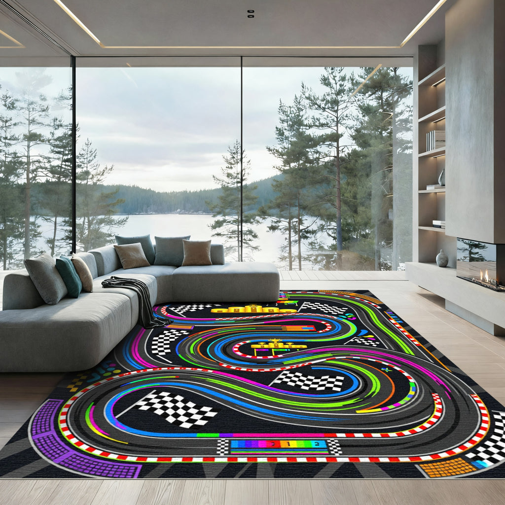 Vibrant Retro Racing Track Circuit Graphic Rug