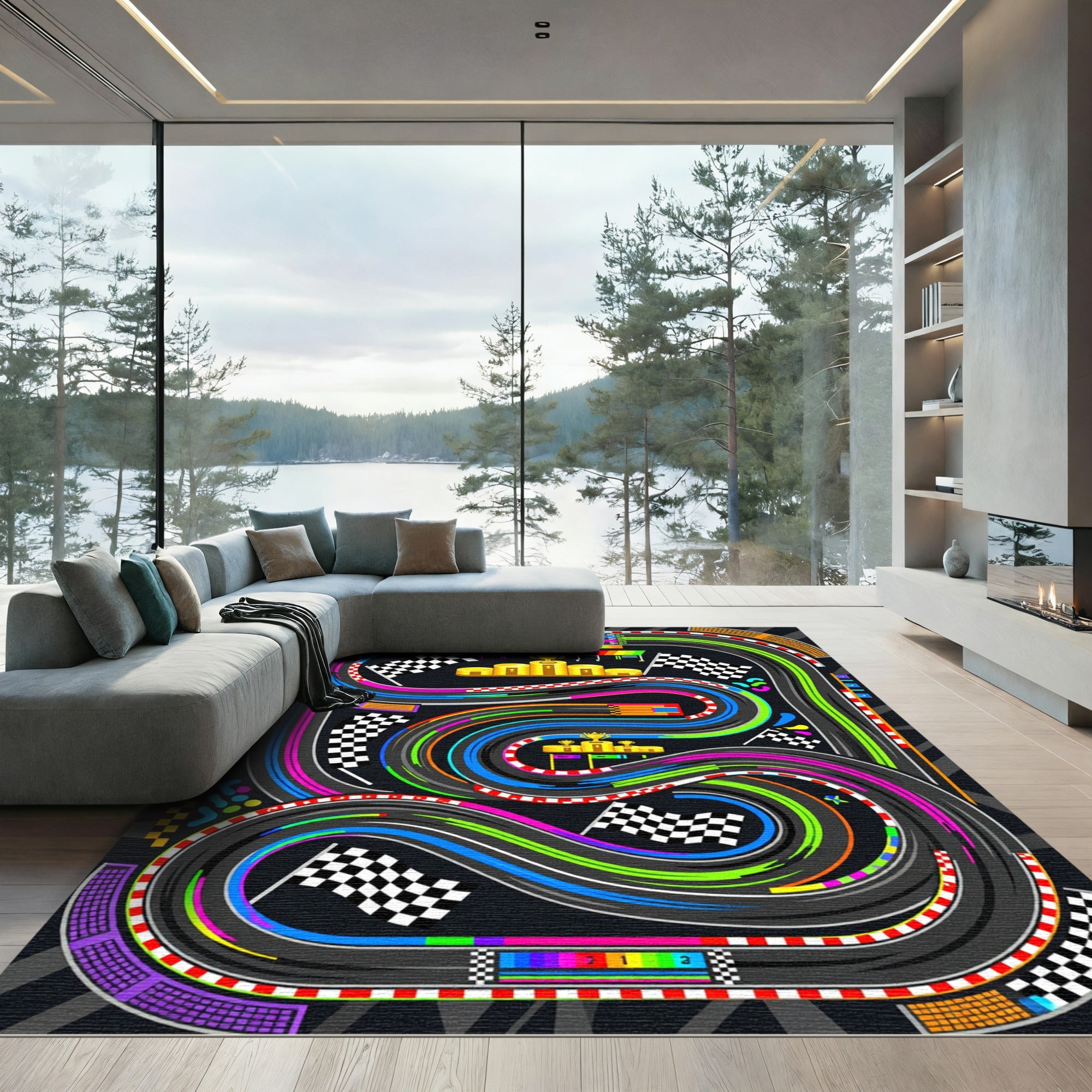 Vibrant Retro Racing Track Circuit Graphic Rug