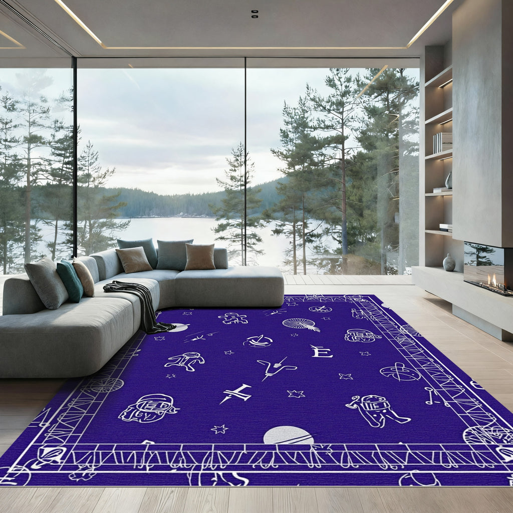 Cosmic White Figures Blue Pattern Rug