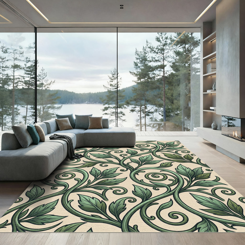 Elegant Sage Green Scrolling Leaf Vine Rug