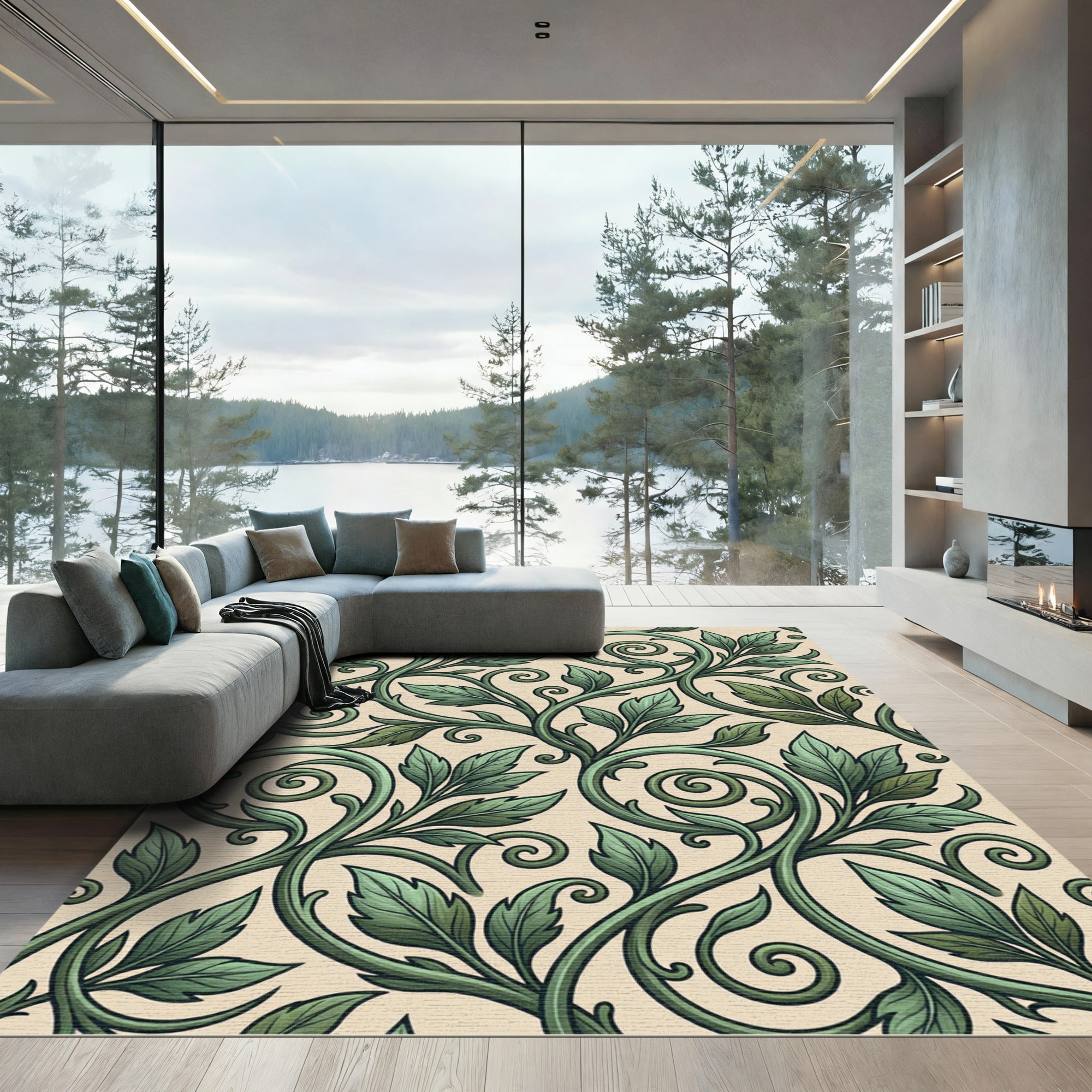 Elegant Sage Green Scrolling Leaf Vine Rug