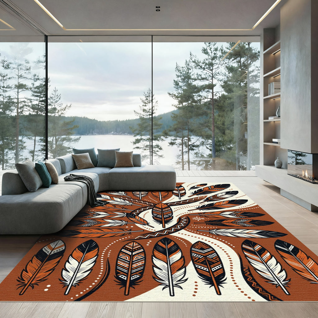 Rustic Orange Tribal Feather Arrangement Rug