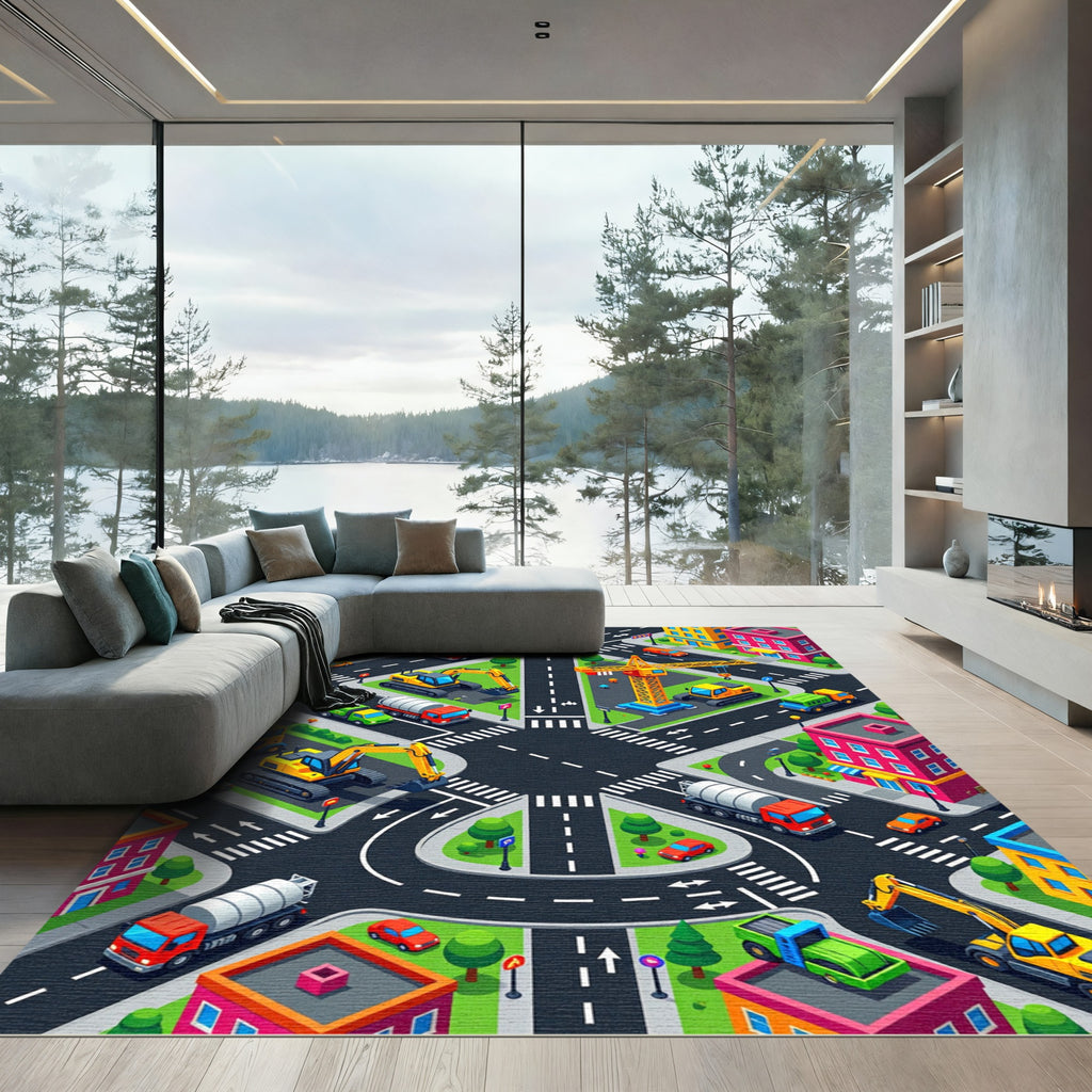 Isometric City Street Construction Play Rug