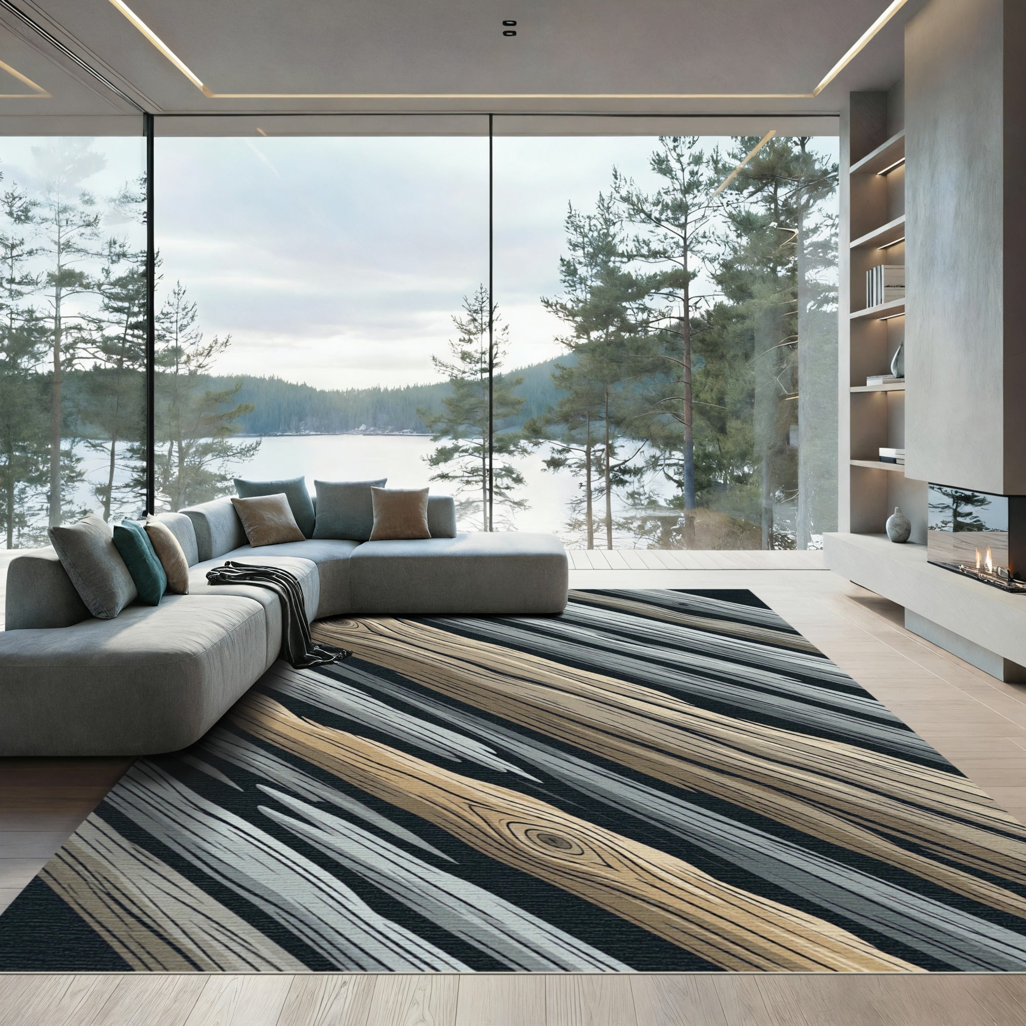 Earthy Driftwood Tonal Slanted Plank Rug