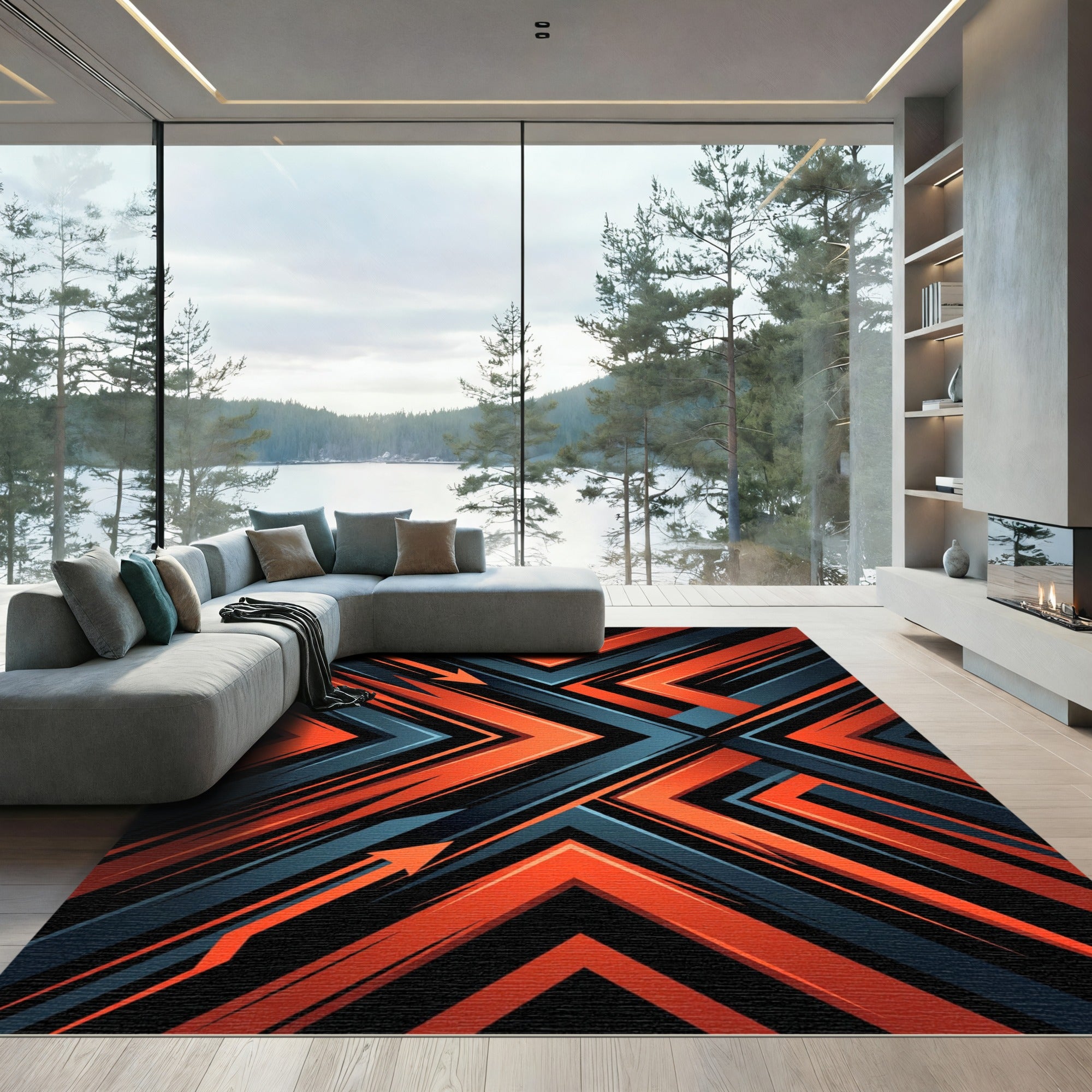 Bold Geometric Orange and Charcoal Arrow Rug