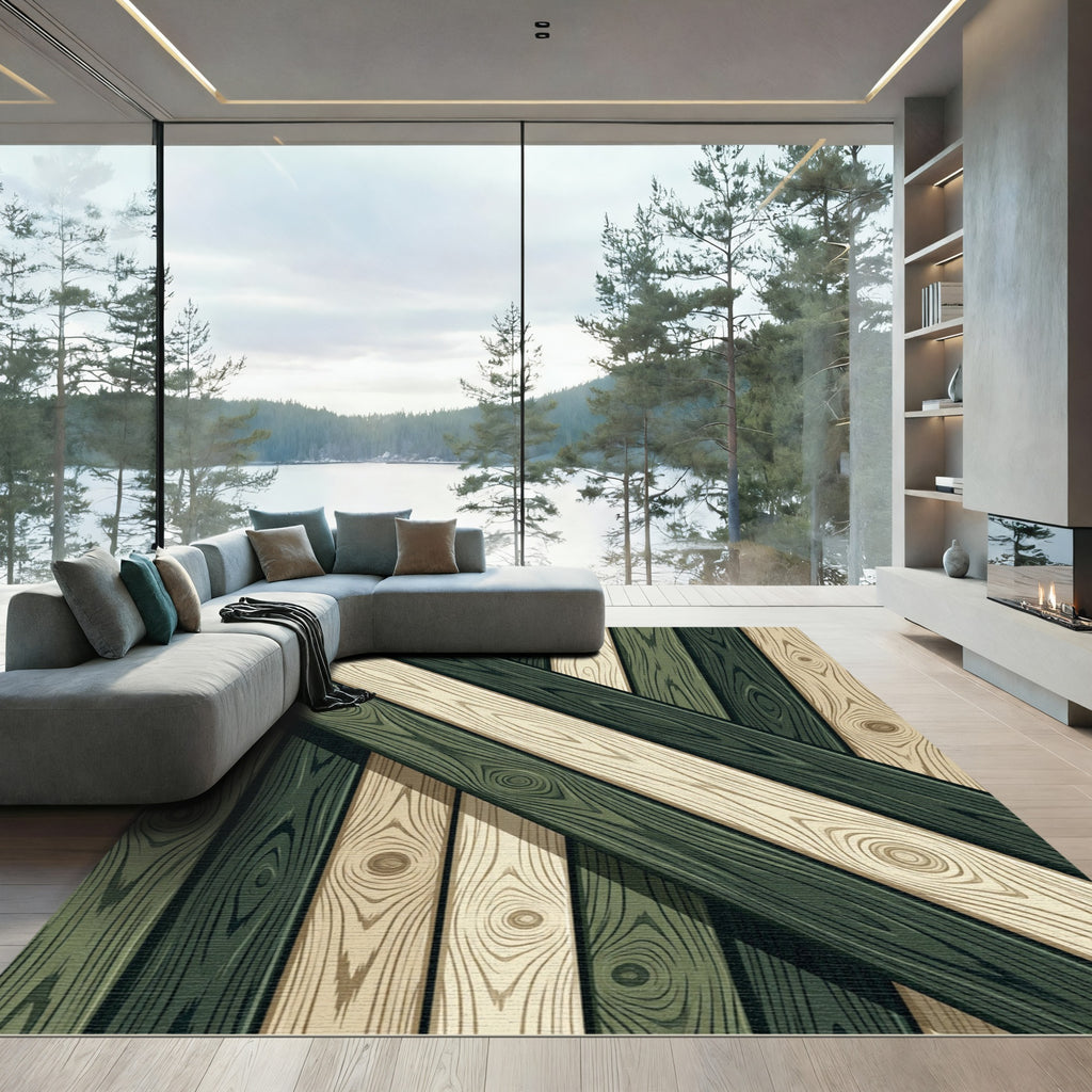 Geometric Sage and Cream Wood Plank Rug