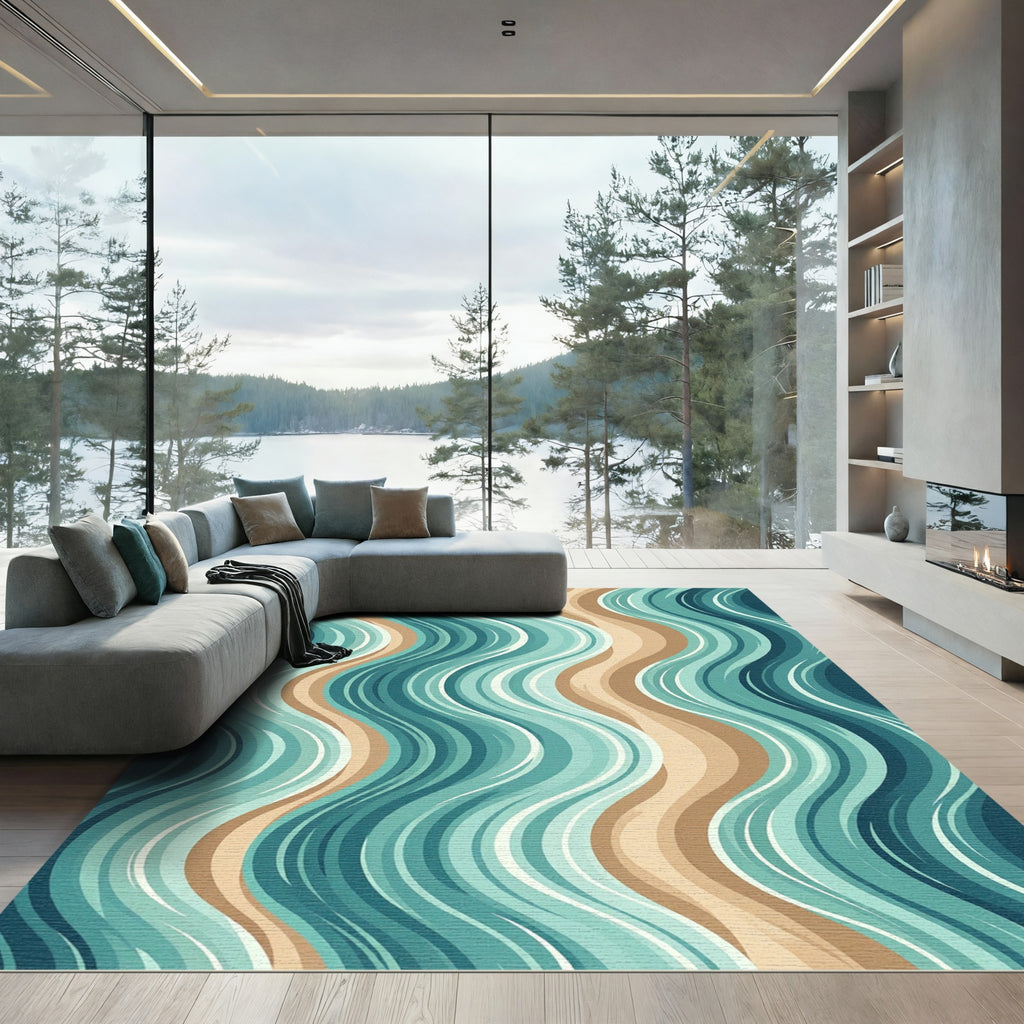 Coastal Teal and Sand Wavy Lines Rug