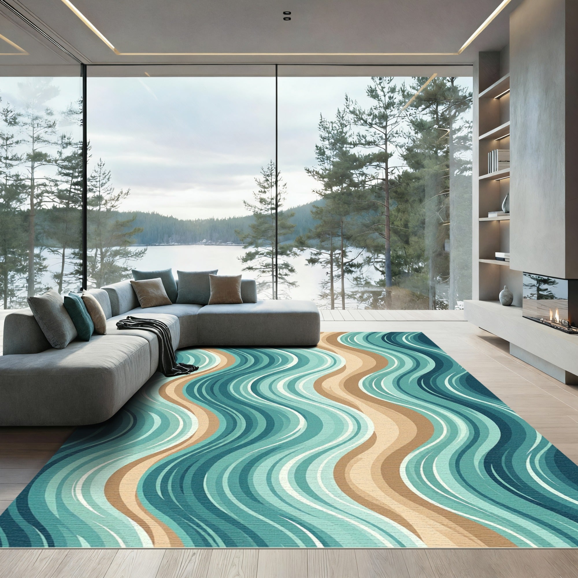Coastal Teal and Sand Wavy Lines Rug