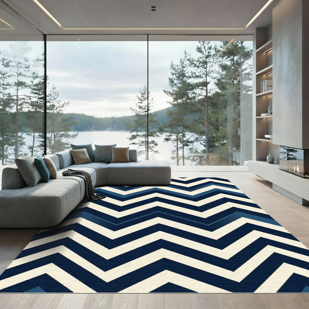 Navy Blue Geometric Chevron Zigzag Rug