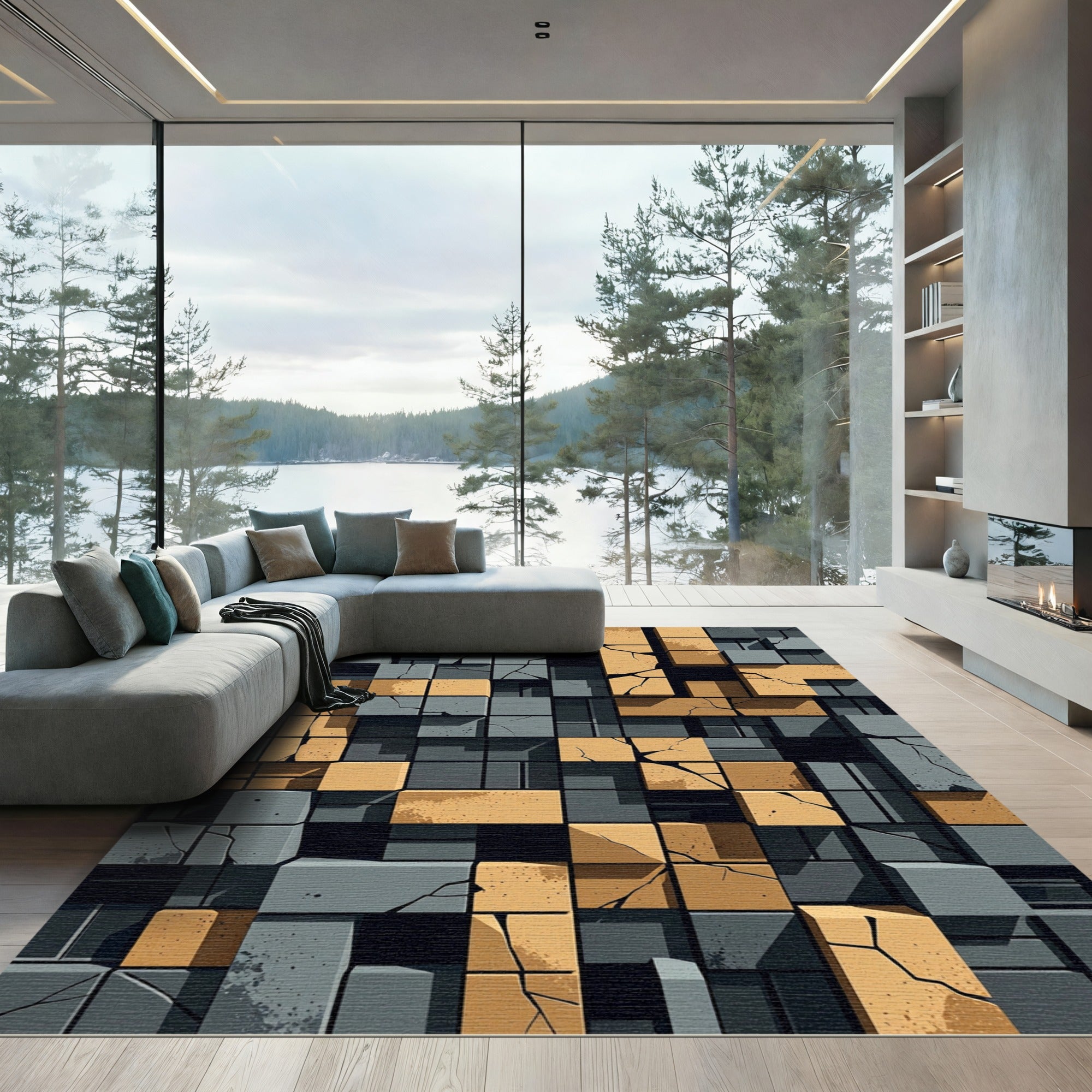 Textured Ochre and Slate Geometric Blocks Rug