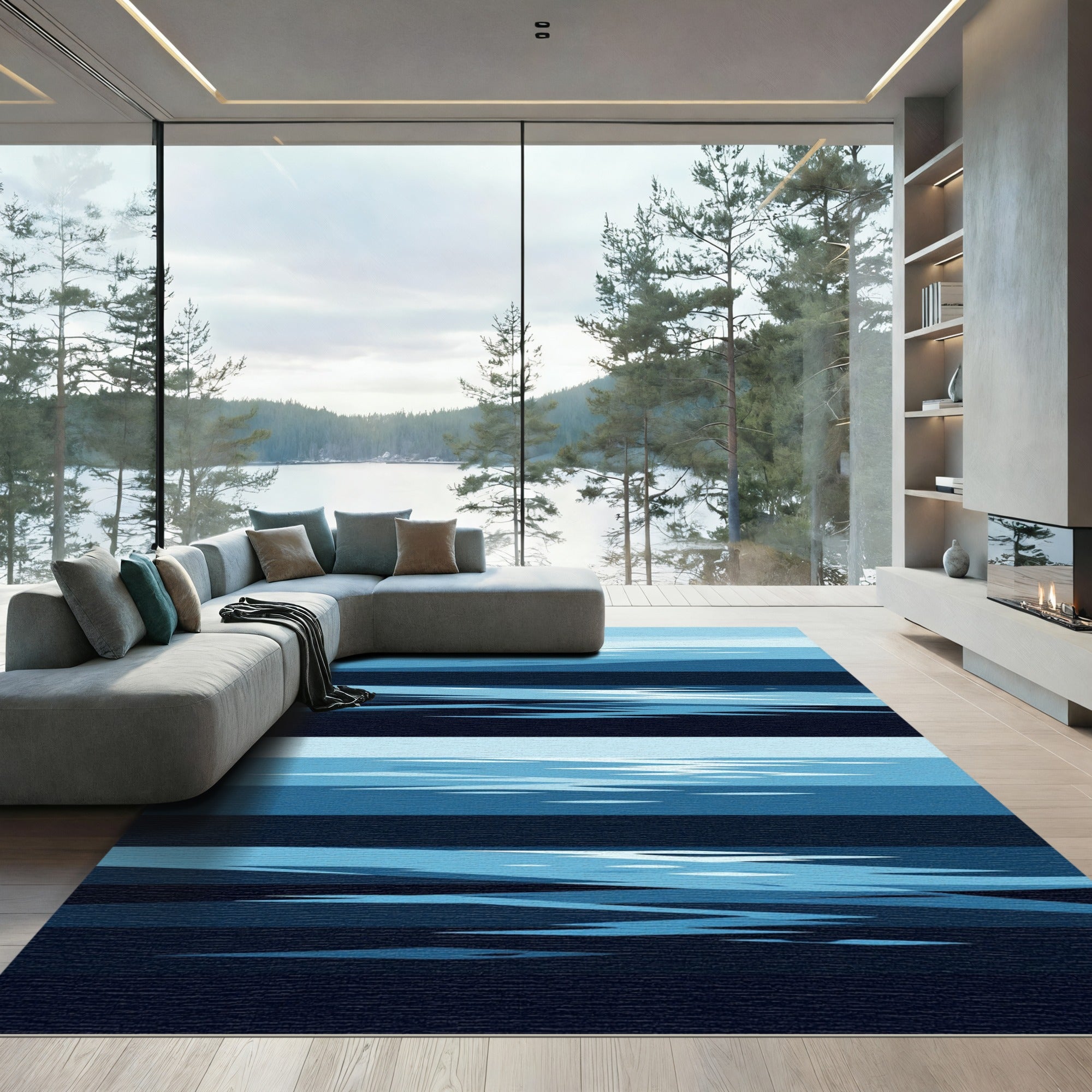 Minimalist Blue Layered Horizon Abstract Rug
