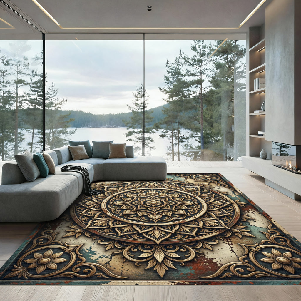 Ornate Golden Mandala Medallion Pattern Rug