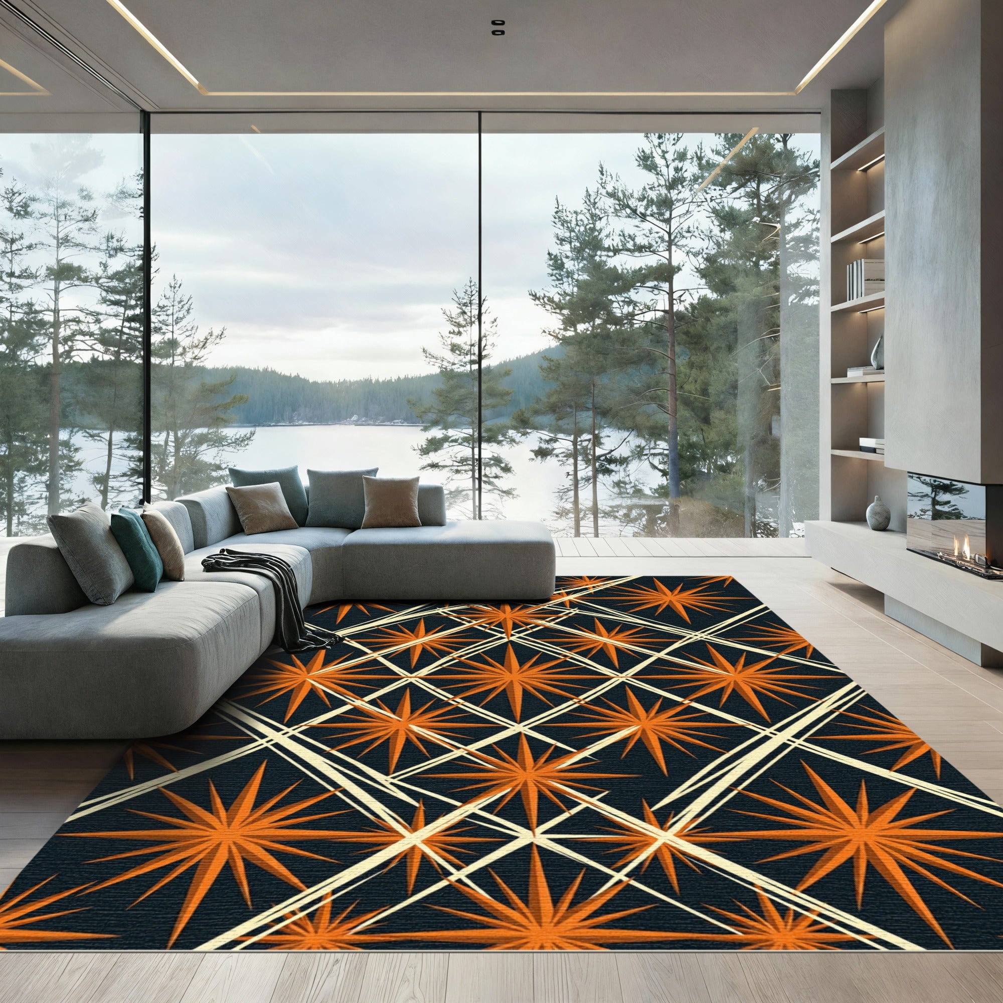 Bold Orange Starburst Geometric Overlay Rug