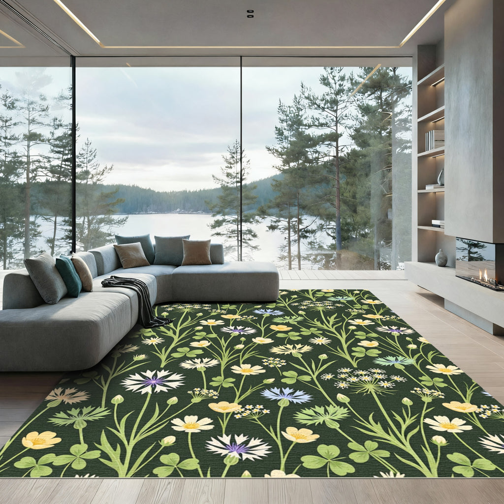 Botanical Wildflower Meadow Forest Green Rug