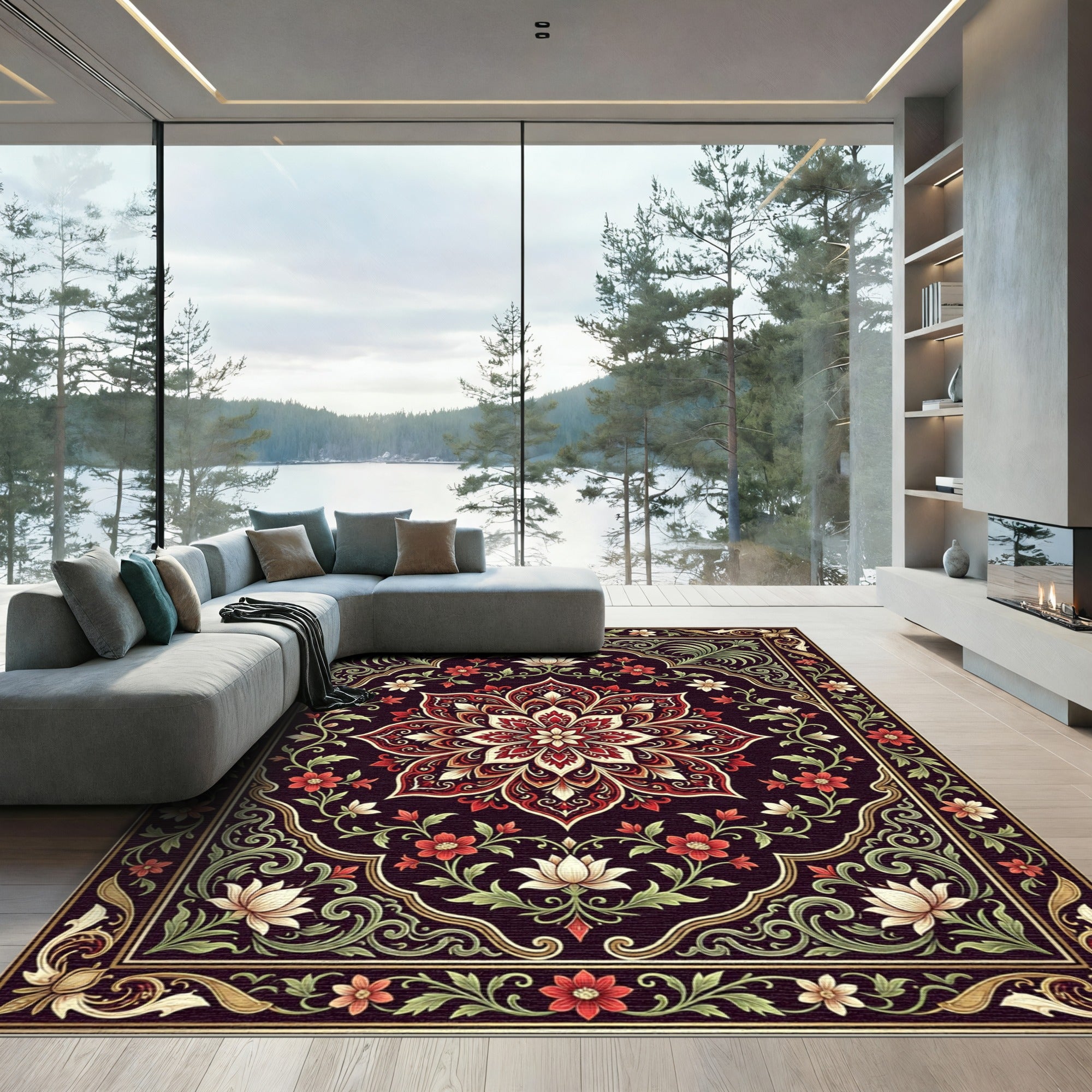 Ornate Crimson Floral Medallion Square Rug