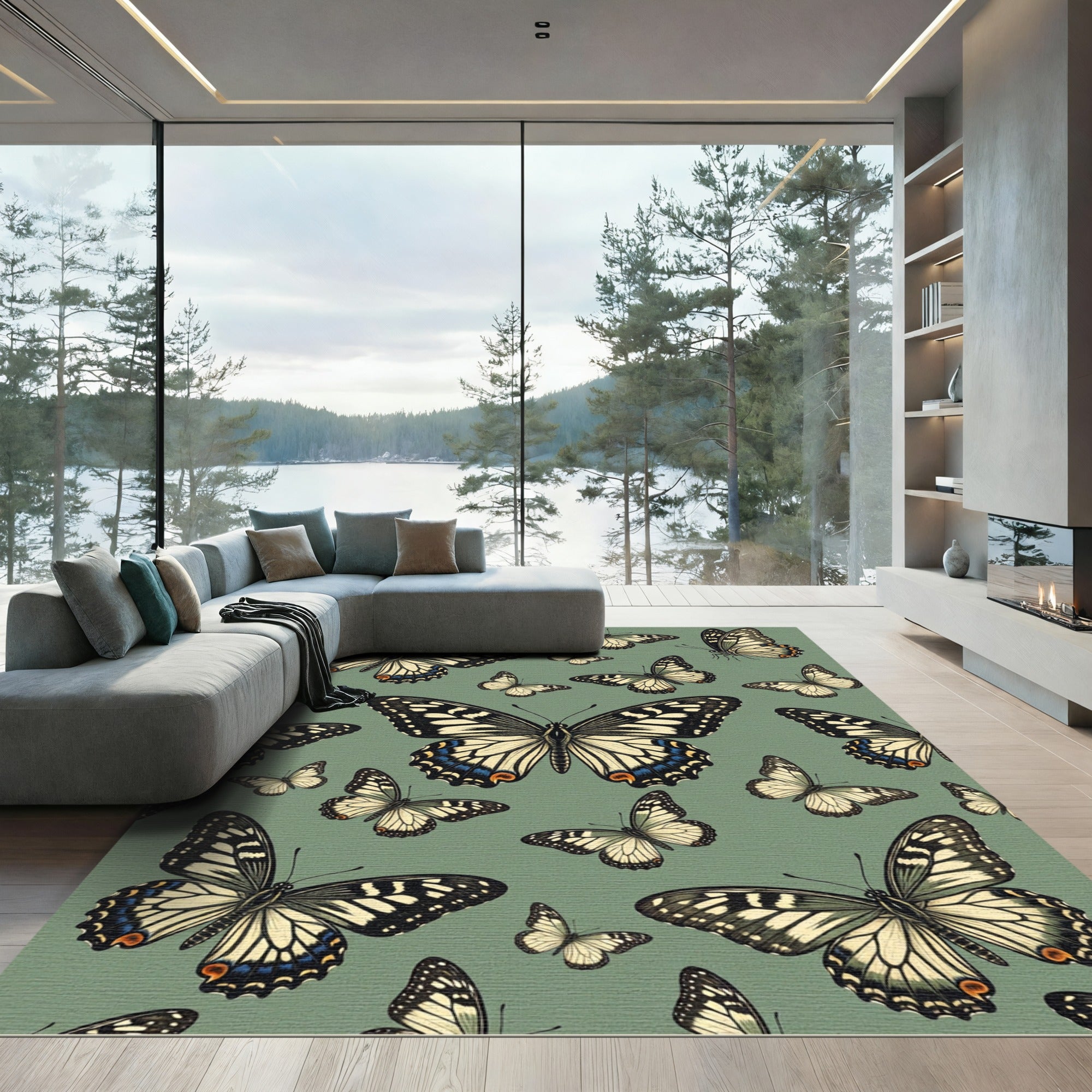 Sage Green Whimsical Butterfly Garden Rug
