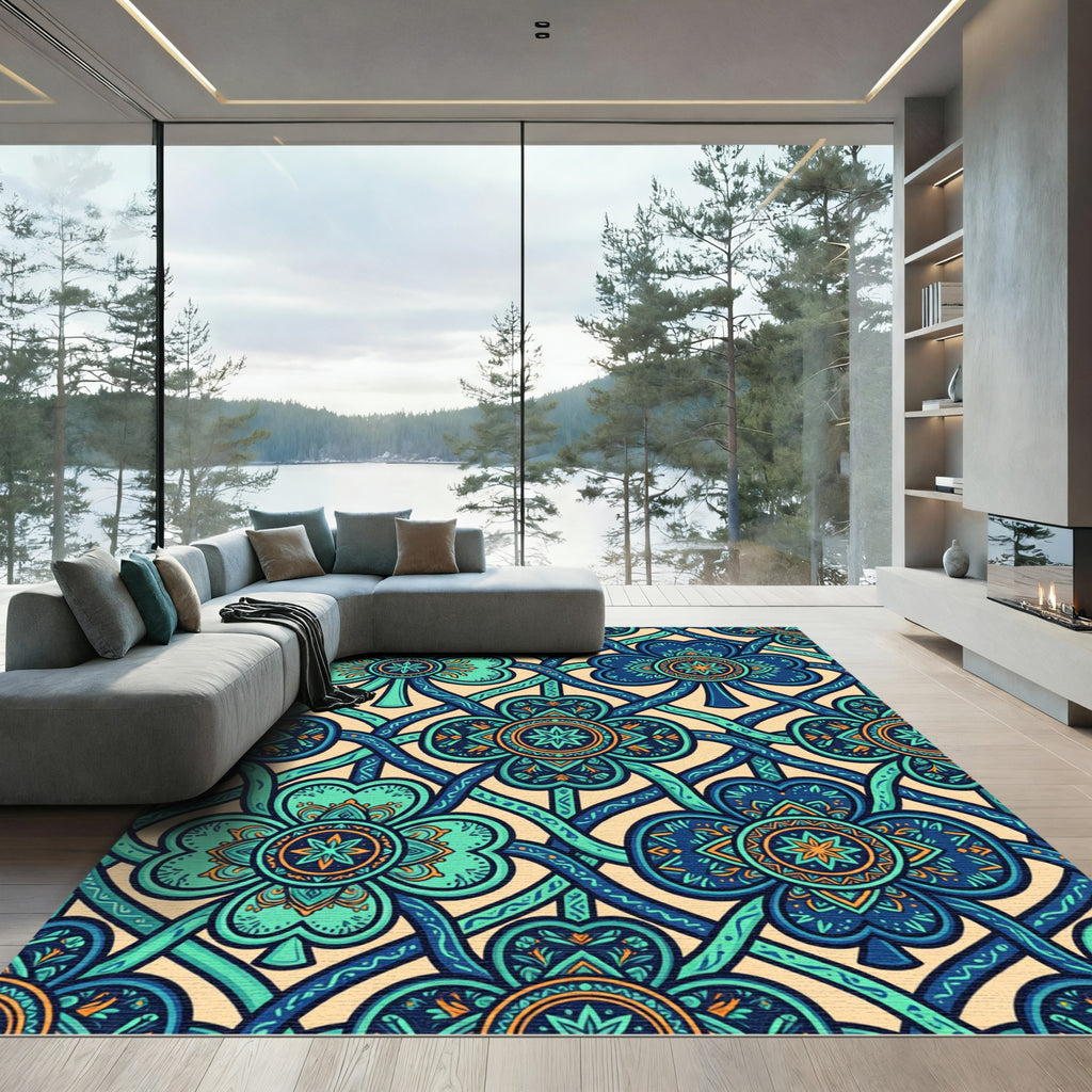 Blue Clover Mandala Intertwined Teal Lattice Rug