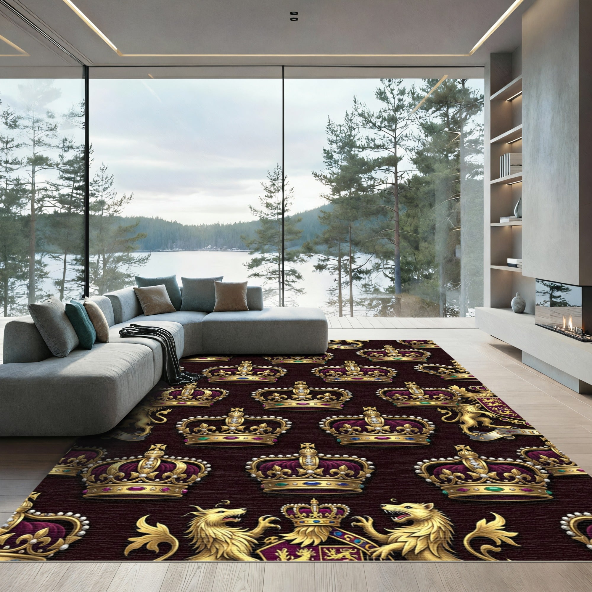 Regal Gold Crown Ornate Jewel Rug