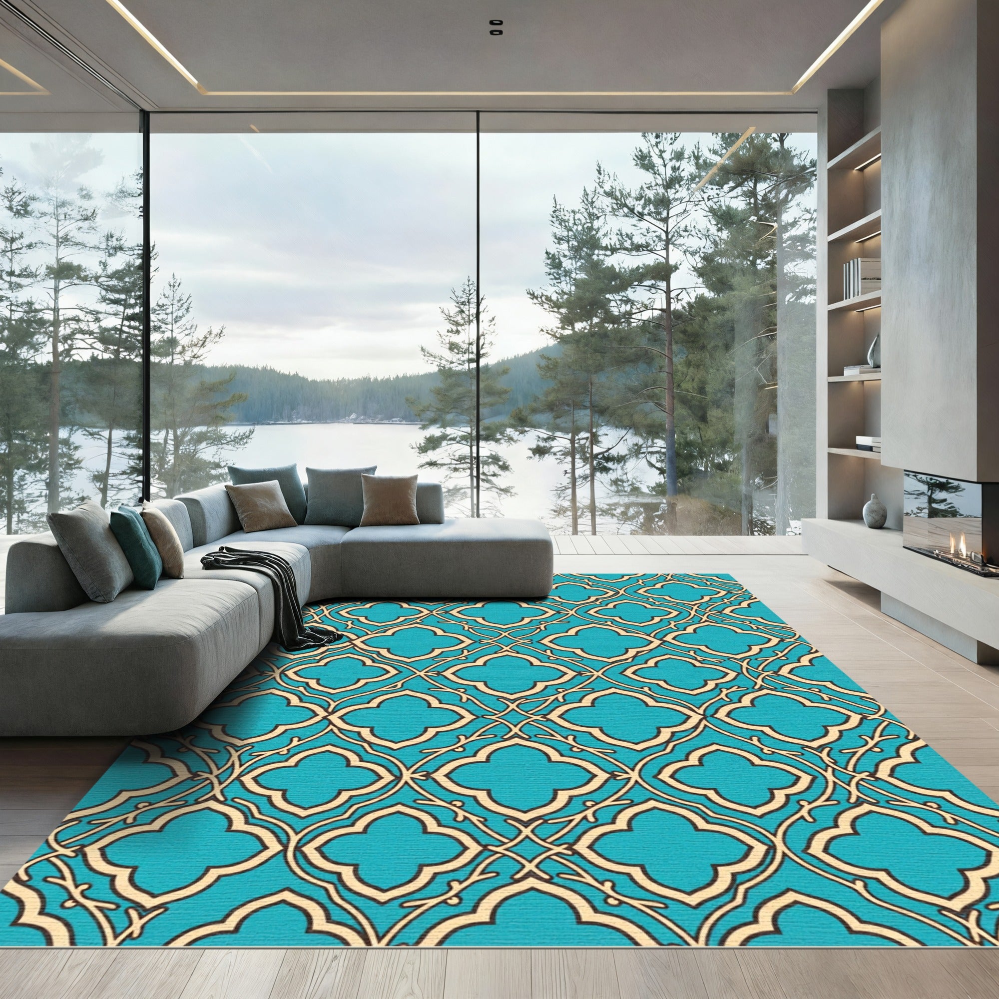 Teal Quatrefoil Lattice Geometric Grid Rug