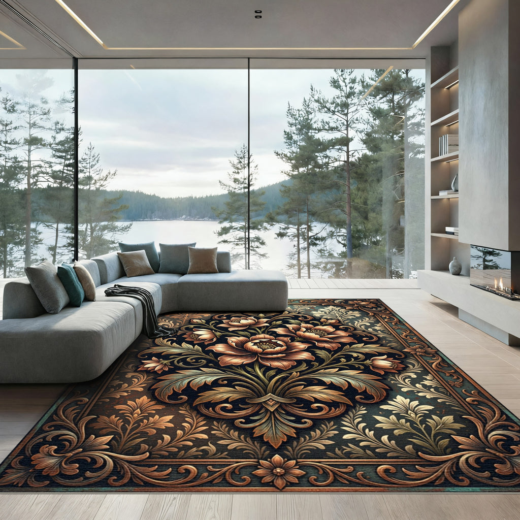Ornate Copper Floral Damask Medallion Rug
