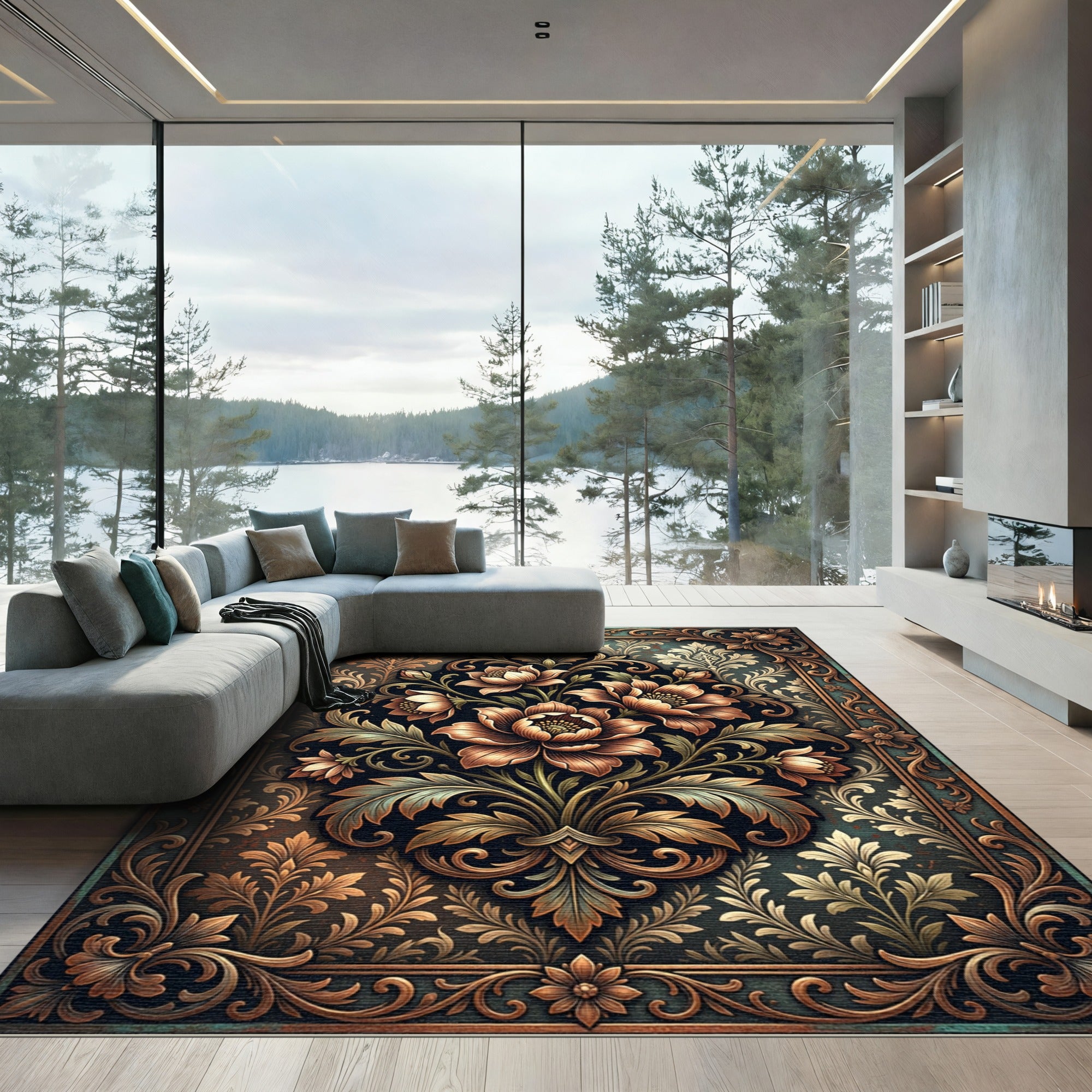 Ornate Copper Floral Damask Medallion Rug