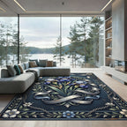 Vintage Blue Iris Ribbon Floral Illustration Rug