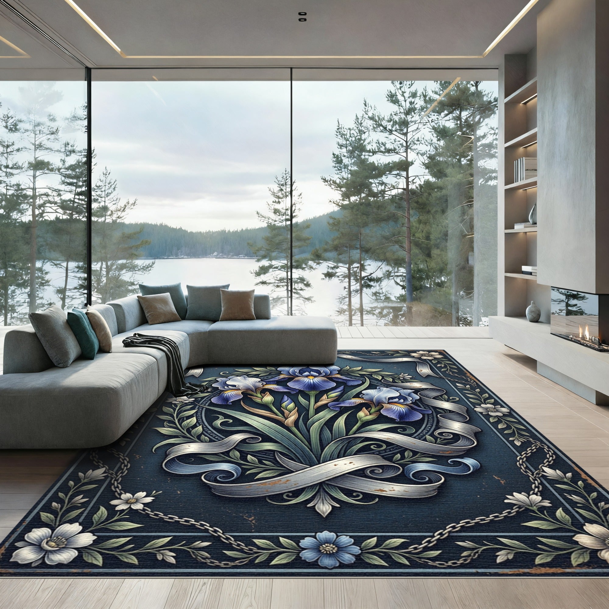 Vintage Blue Iris Ribbon Floral Illustration Rug