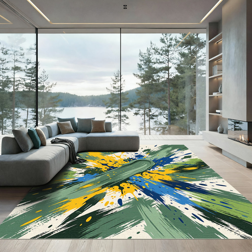Energetic Abstract Green Yellow Blue Splatter Rug