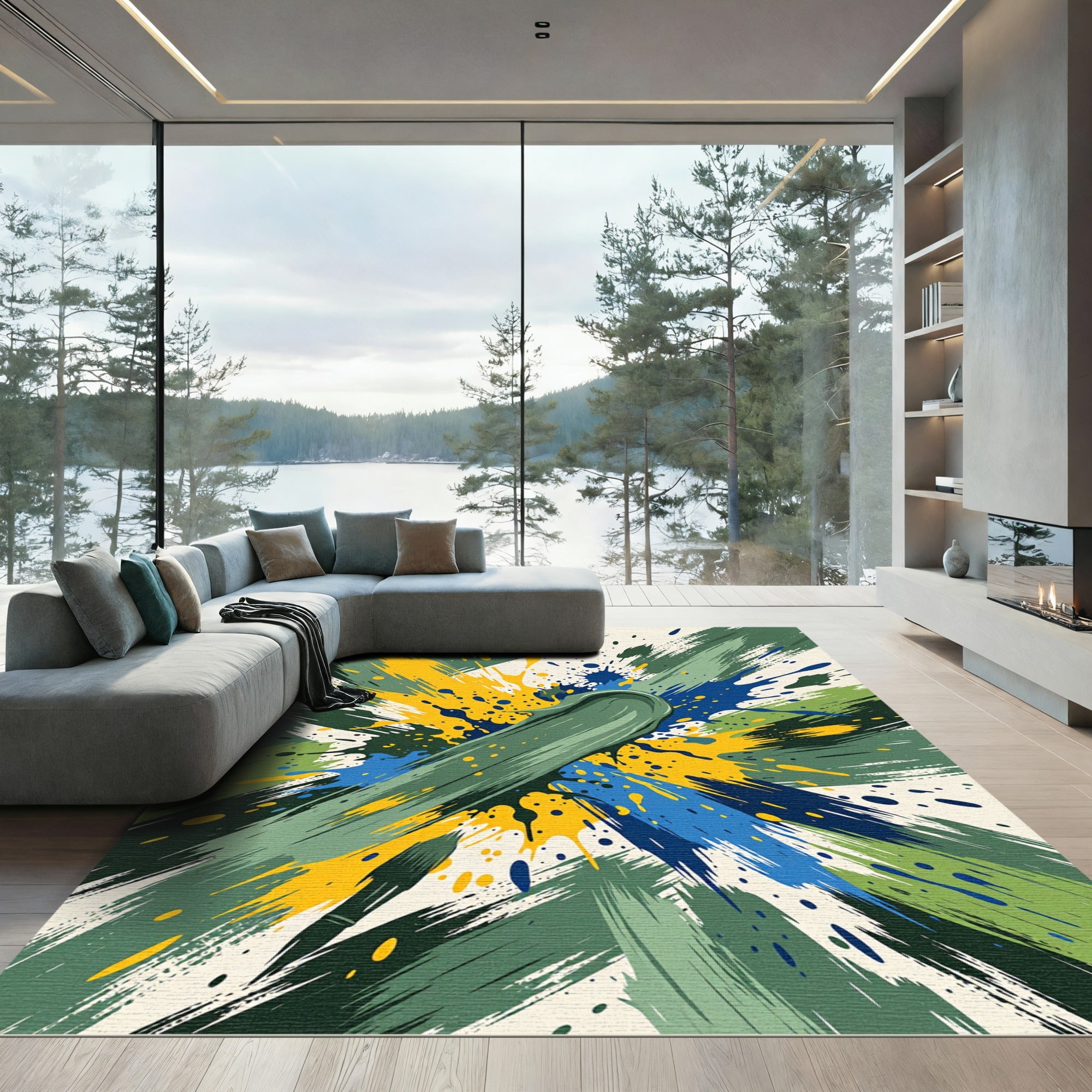 Energetic Abstract Green Yellow Blue Splatter Rug